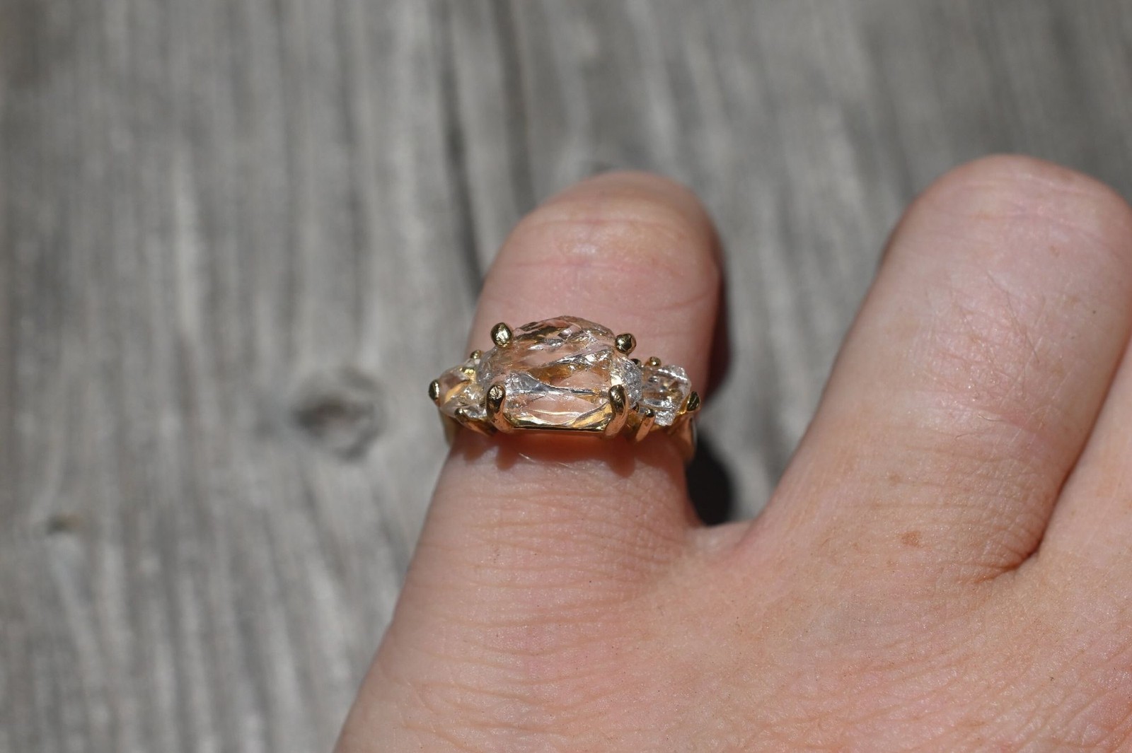 Size 5 Gold Engagement Ring, 14k Solid Gold, Three Stone Wedding Ring Rough Diam