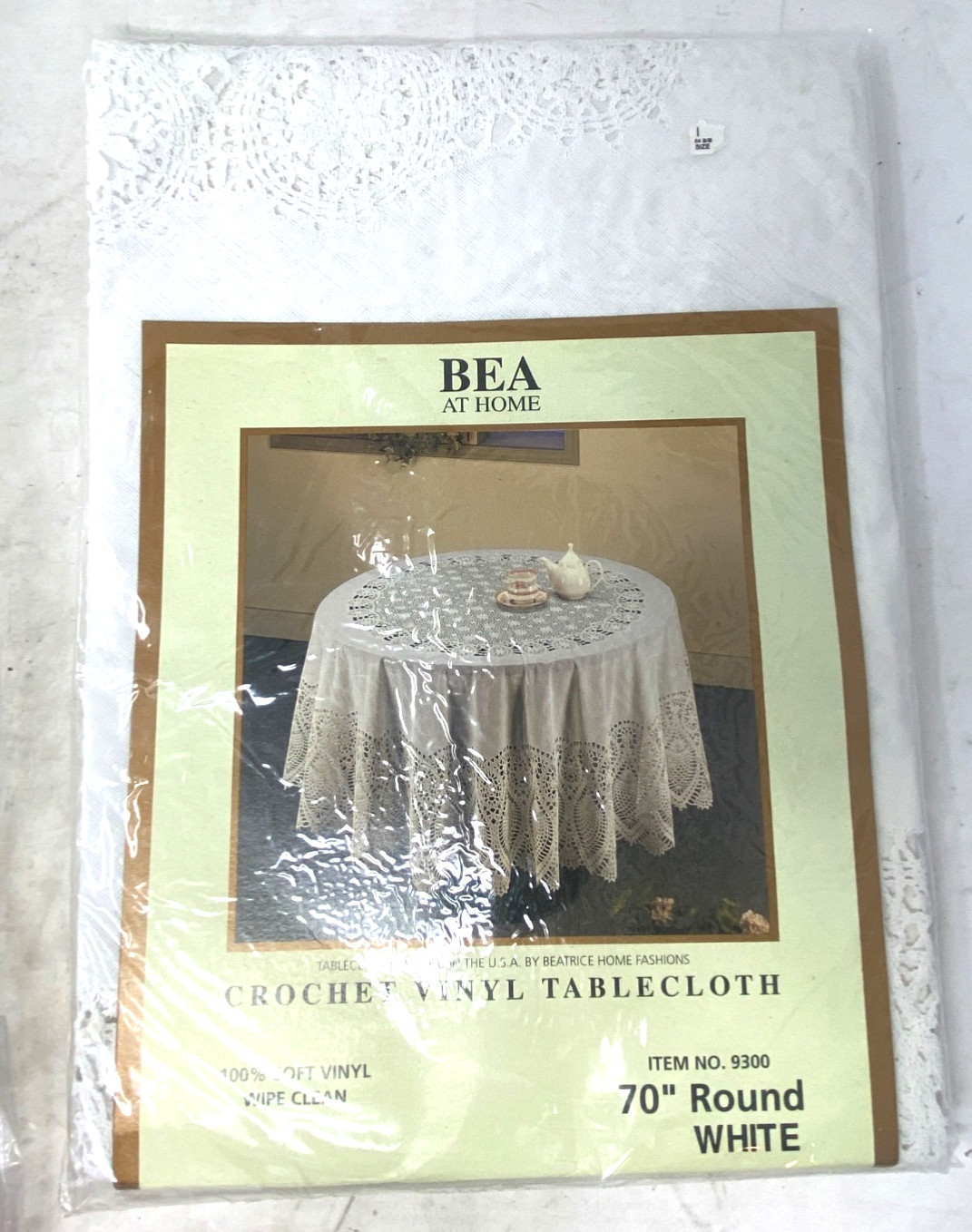 Vintage Bea at Home Crochet Vinyl Tablecloth 70″ Round White Soft Wipe Clean