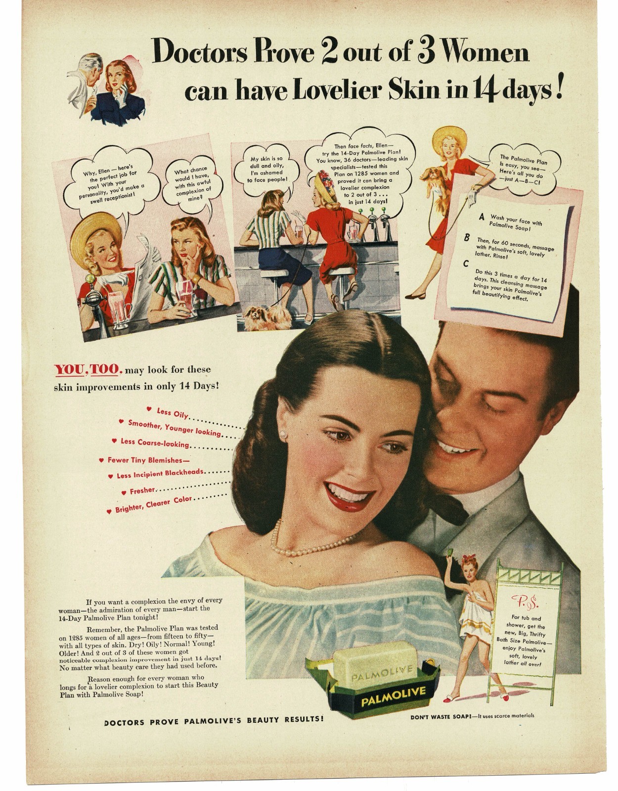 1946 Palmolive Soap Doctors Prove Lovelier Skin 14 Days pretty girl Print Ad 2