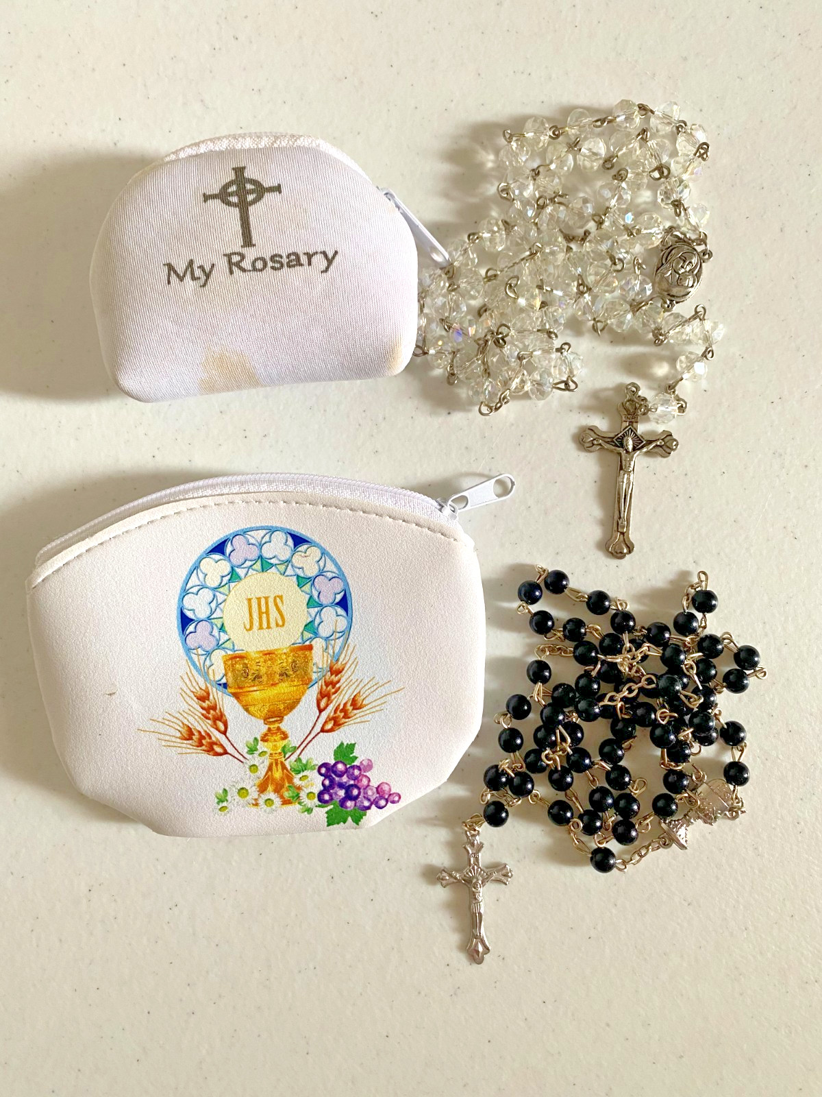 Catholic Rosary beads, crucifix, cross, religious necklace, first communion