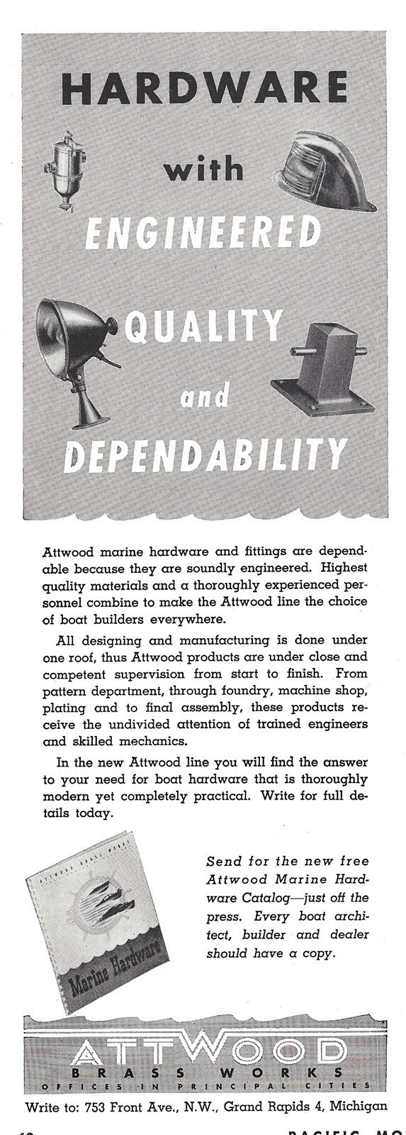 1946 Ad* Attwood Brass Works Grand Rapids MI Marine Hardware Fittings New Lines