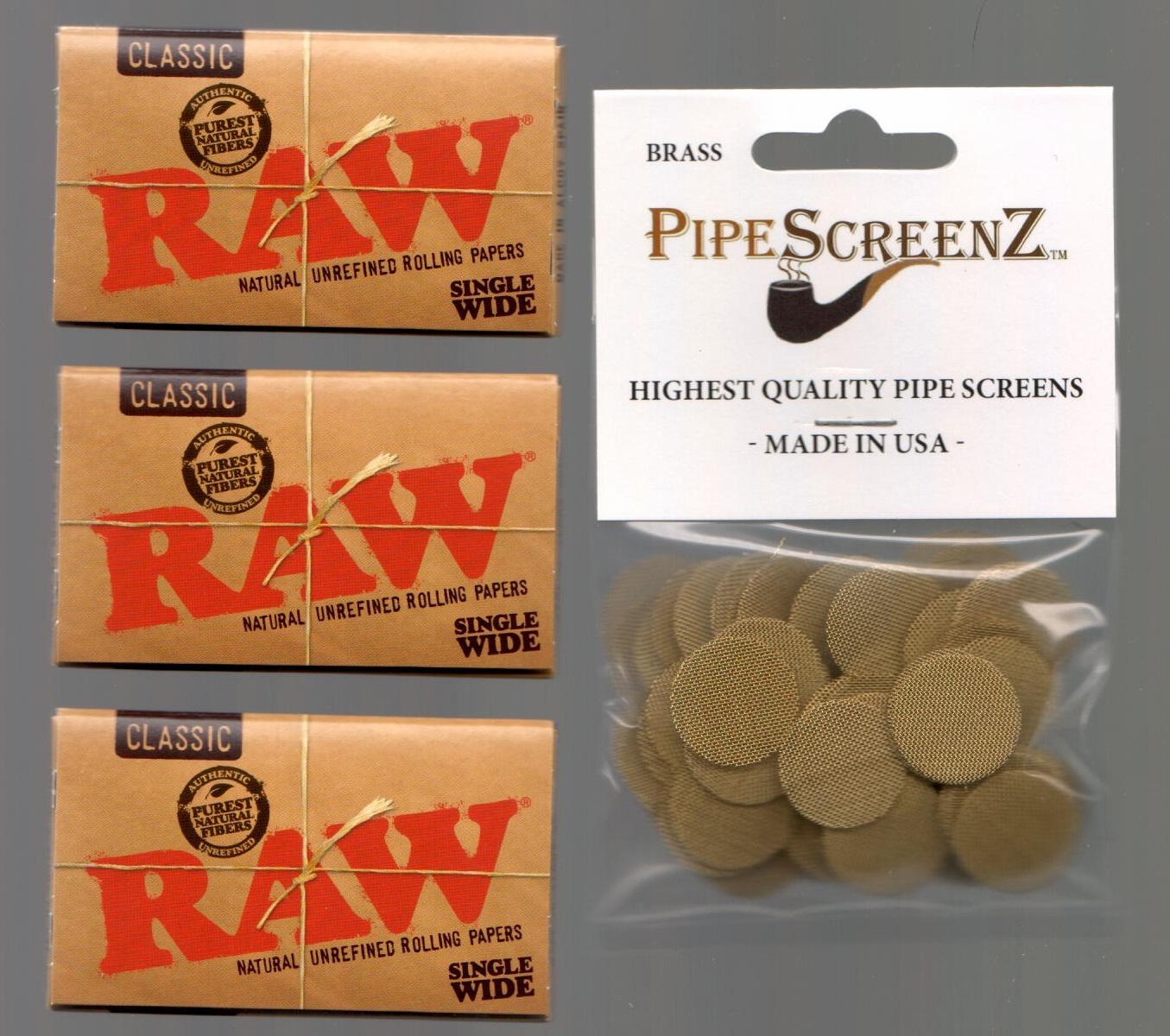 3X RAW Classic SINGLE WIDE SIZE Rolling papers & 100+ (3/4″) BRASS PIPE SCREENS