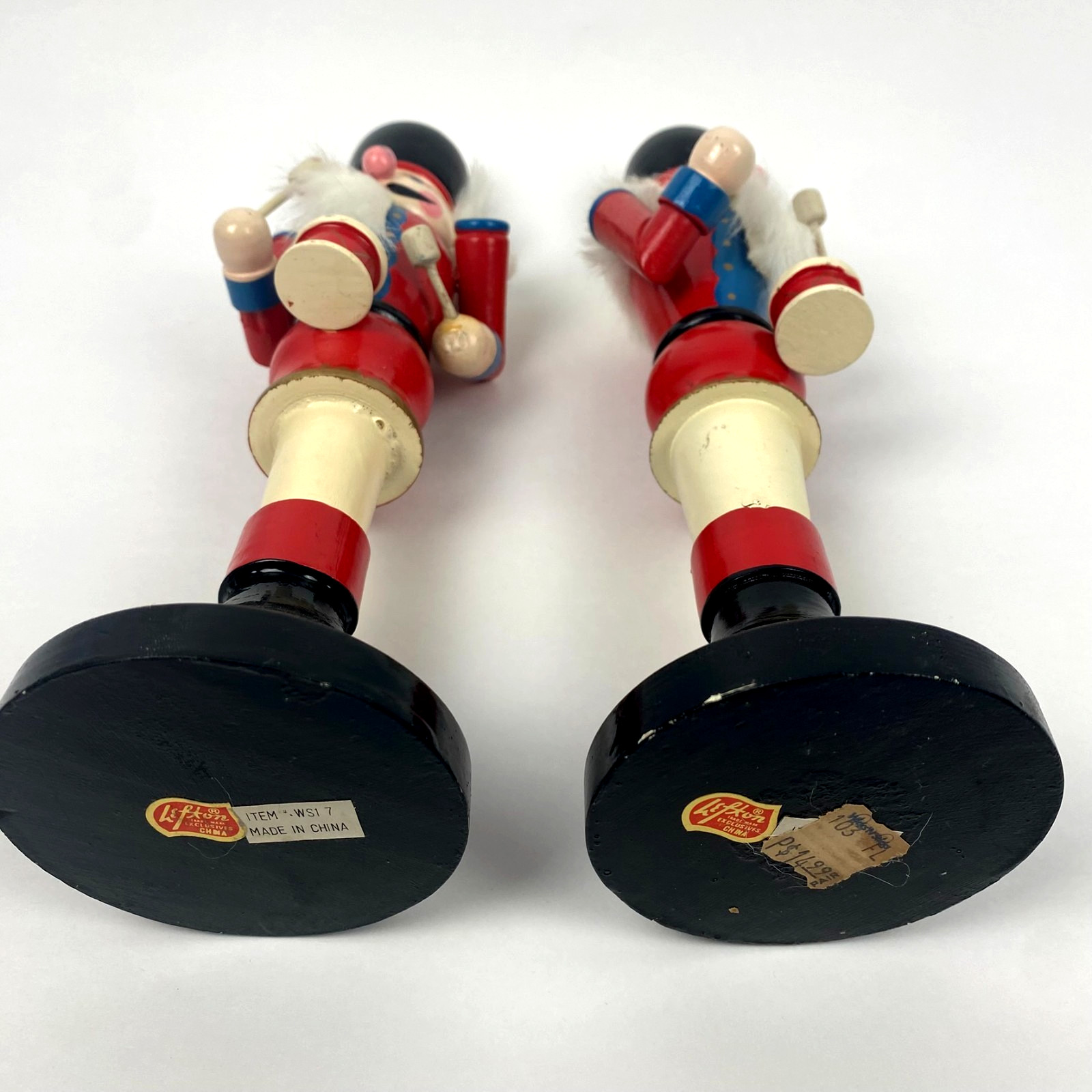 PAIR Lefton Nutcracker Soldier Wooden Candle Stick Holders Red Drum 10” Vintage