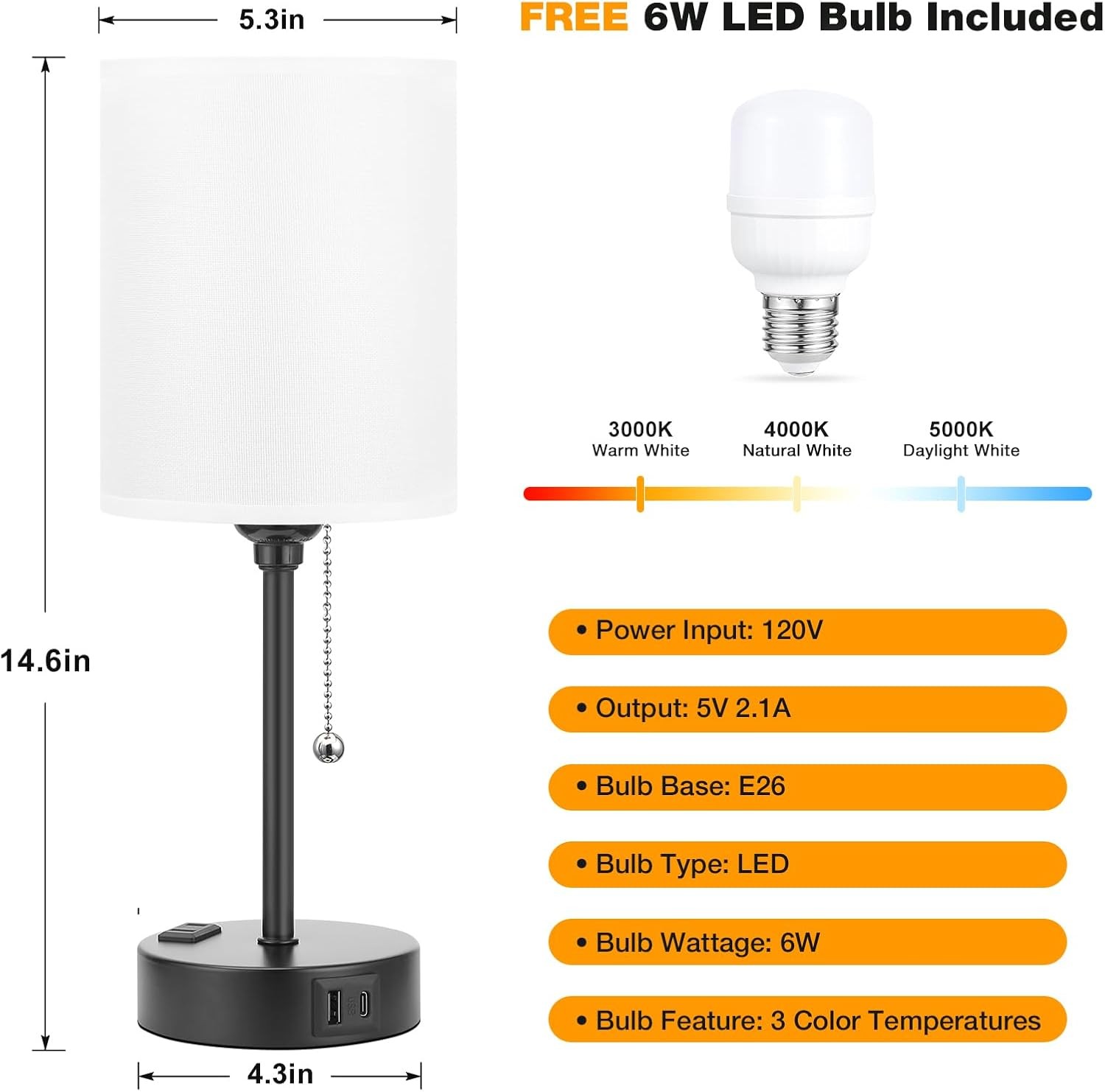 Small Bedside Table lamp for Bedroom – 3 Color Temperatures 14.6in, White