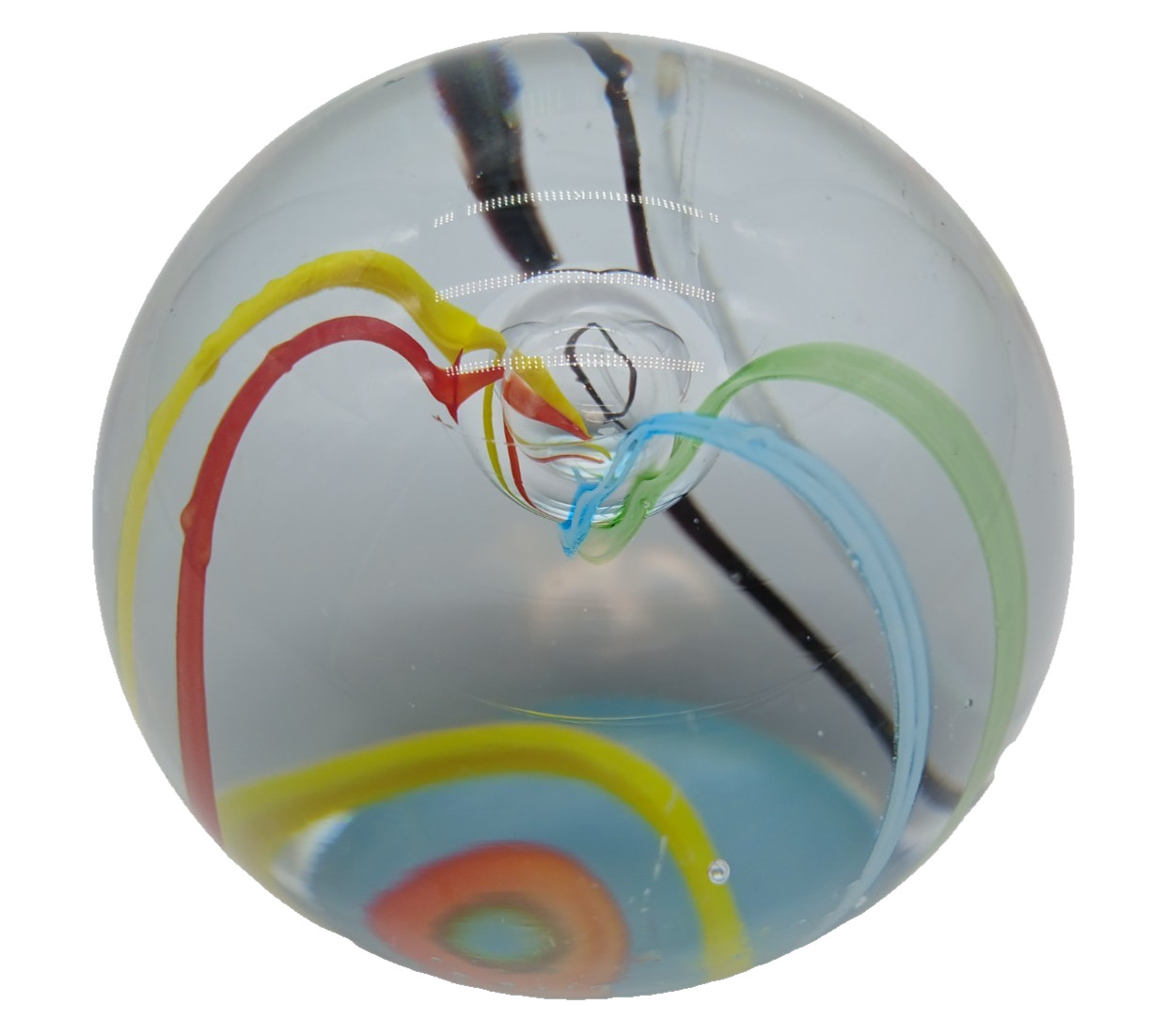 Art Glass Paperweight With Red Yellow Blue Green Swirl Ribbons w Center Bubble