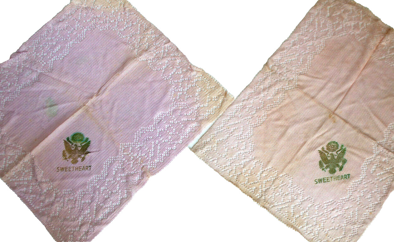 2- WWII U.S. ARMY AIR FORCE Pink Sweetheart Lace Hankies W/ Eagle Emblems