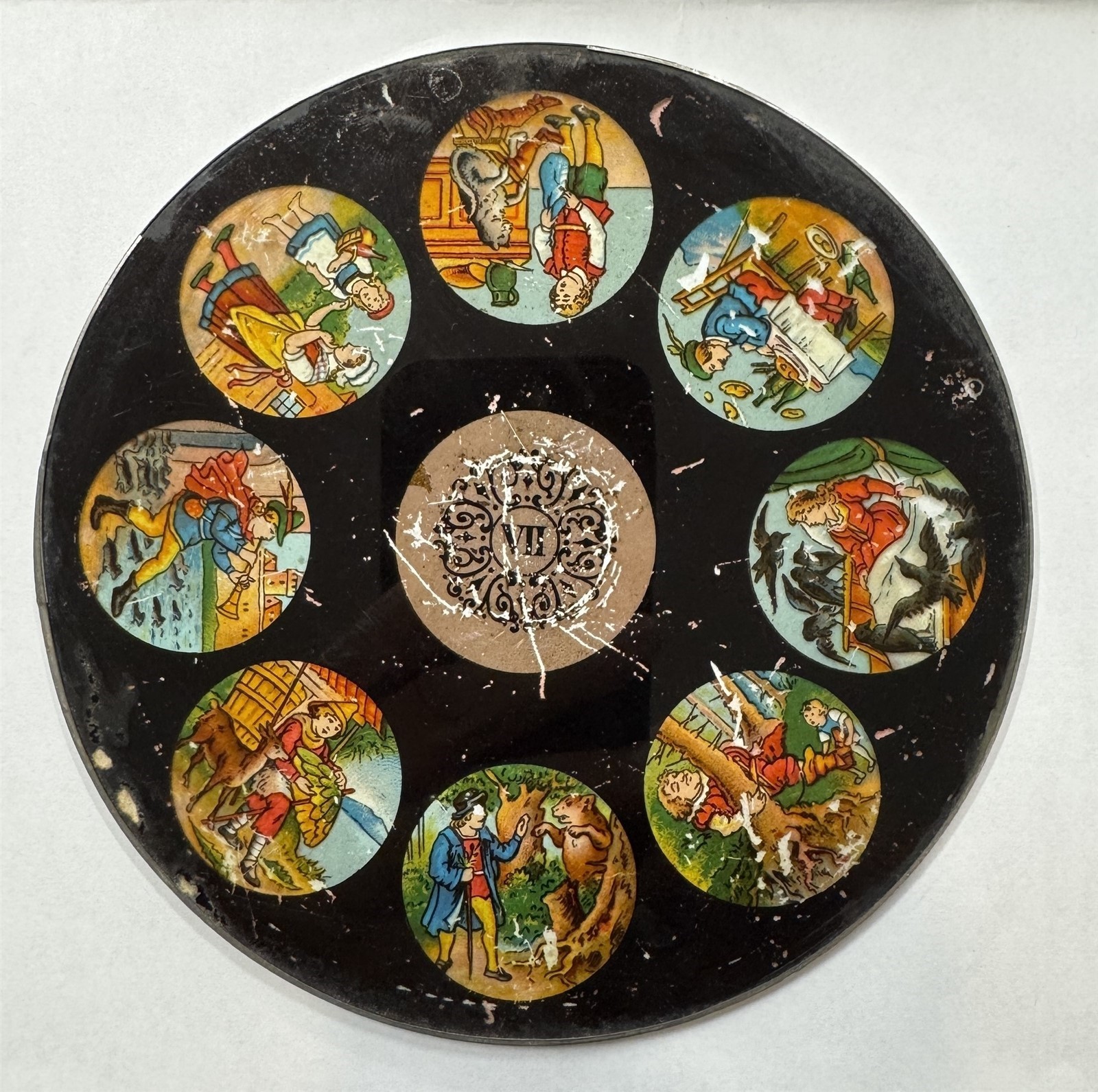 Antique 6″ (15cm) Round (8) Magic Lantern Glass Colored Slide VII Fairy Tales