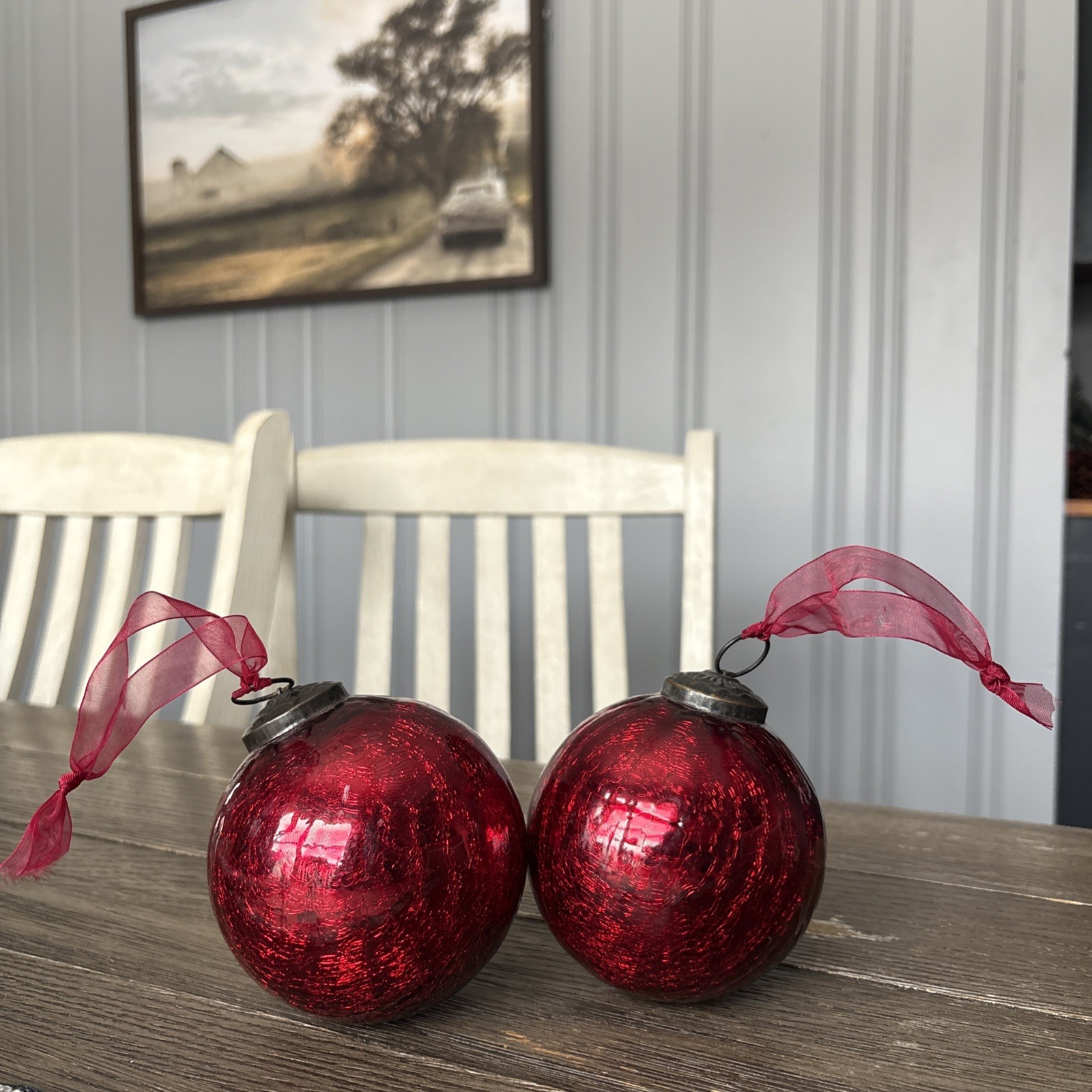 TWO Old World Kugel Style RED Crackle Glass Christmas ornaments 4in Diameter