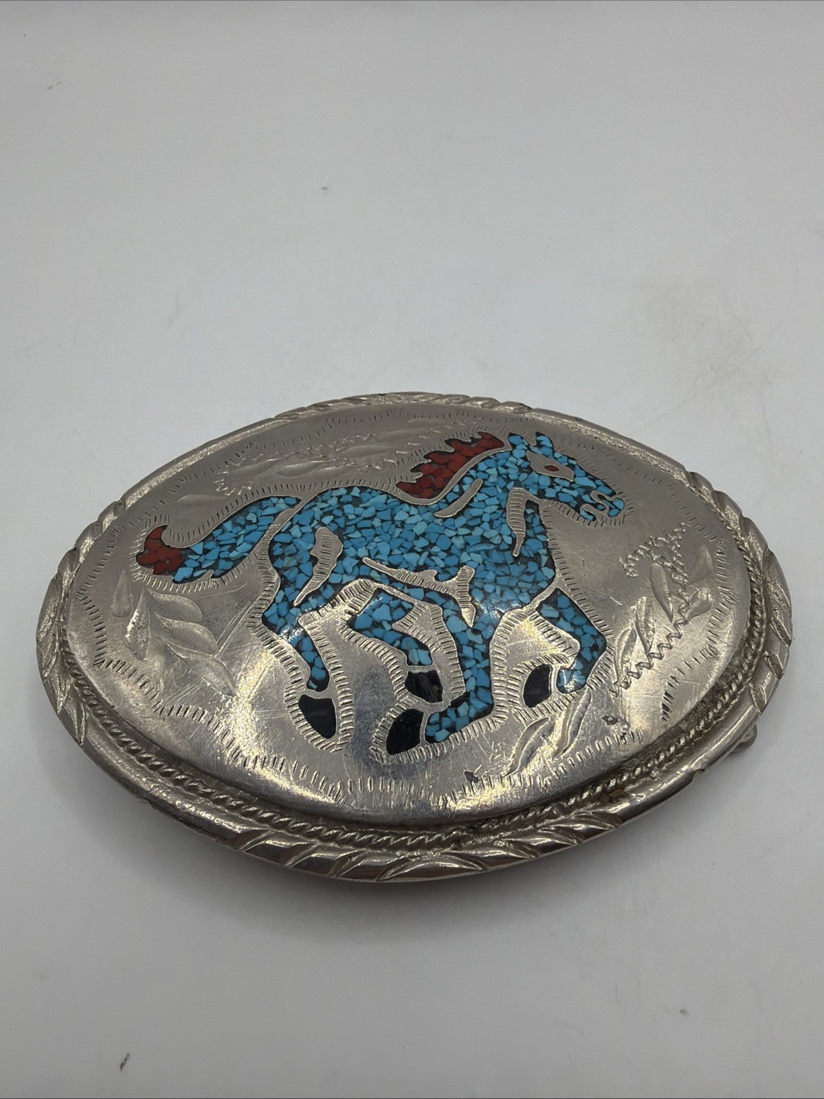 Running Horse Belt Buckle Silver, Blue & Red Horse