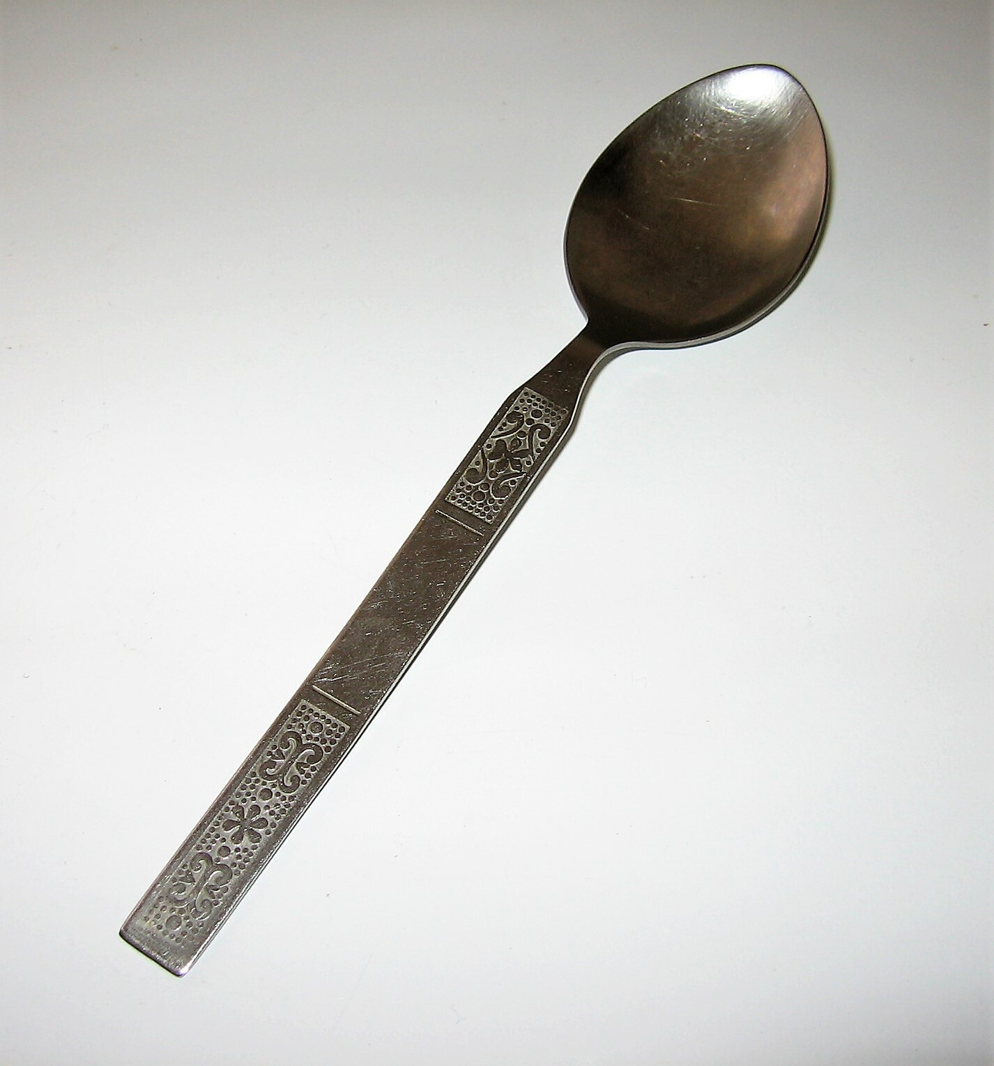 Vintage India Spoon with Flowers Stainless Steel Floral Flatware 7-1/4 inch RARE