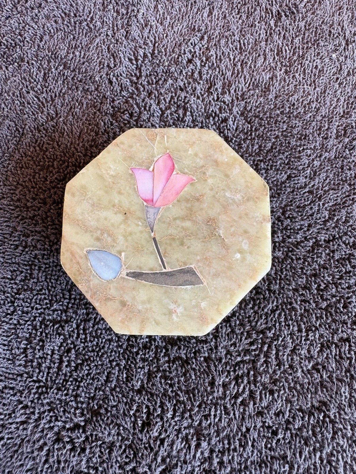 Vintage Carved Soapstone Trinket Box with Mother of Pearl Floral Inlay Octagon