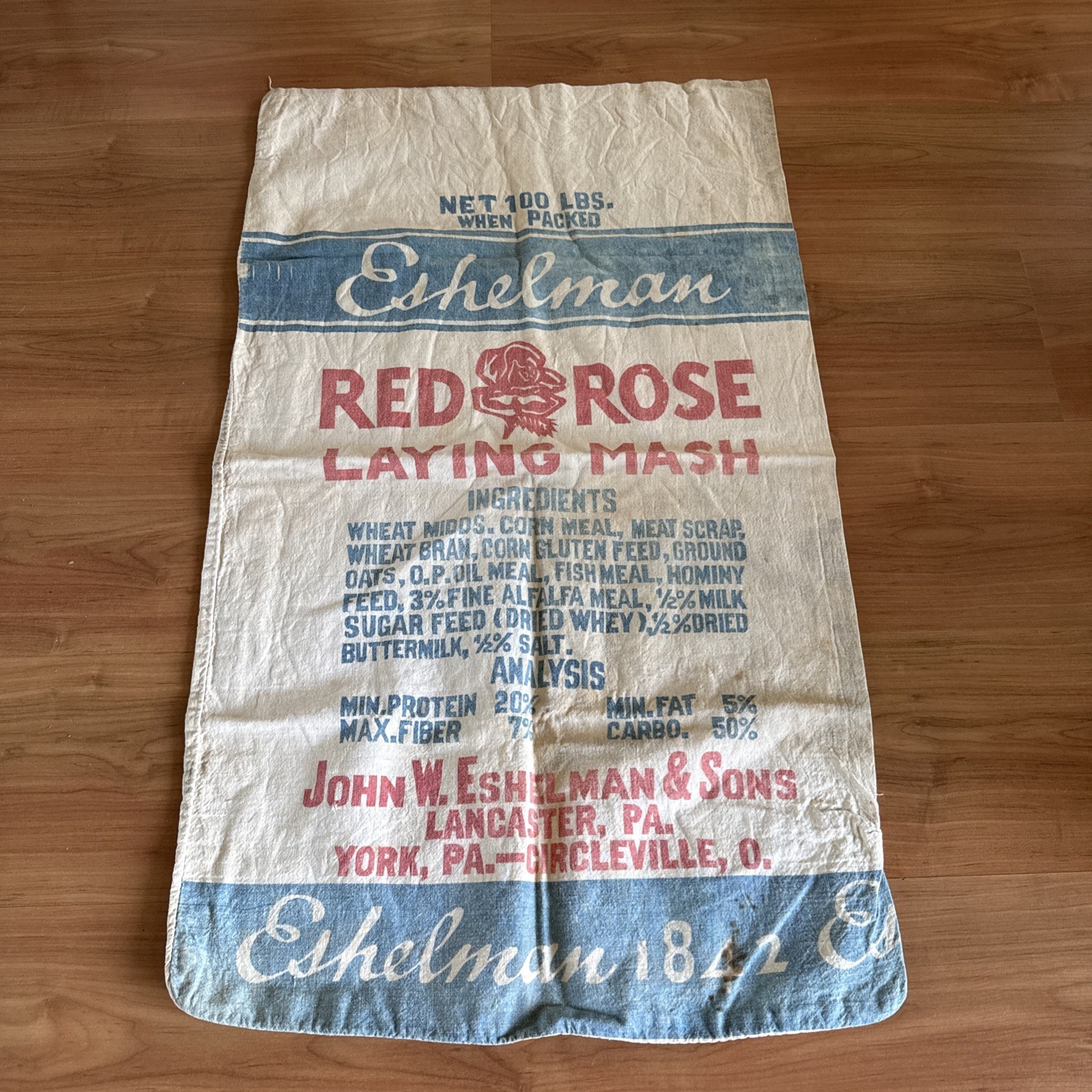 VINTAGE ANTIQUE RED ROSE ESHELMAN CHICKEN LAYING MASH 100 LB FEED GUNNY SACK VTG