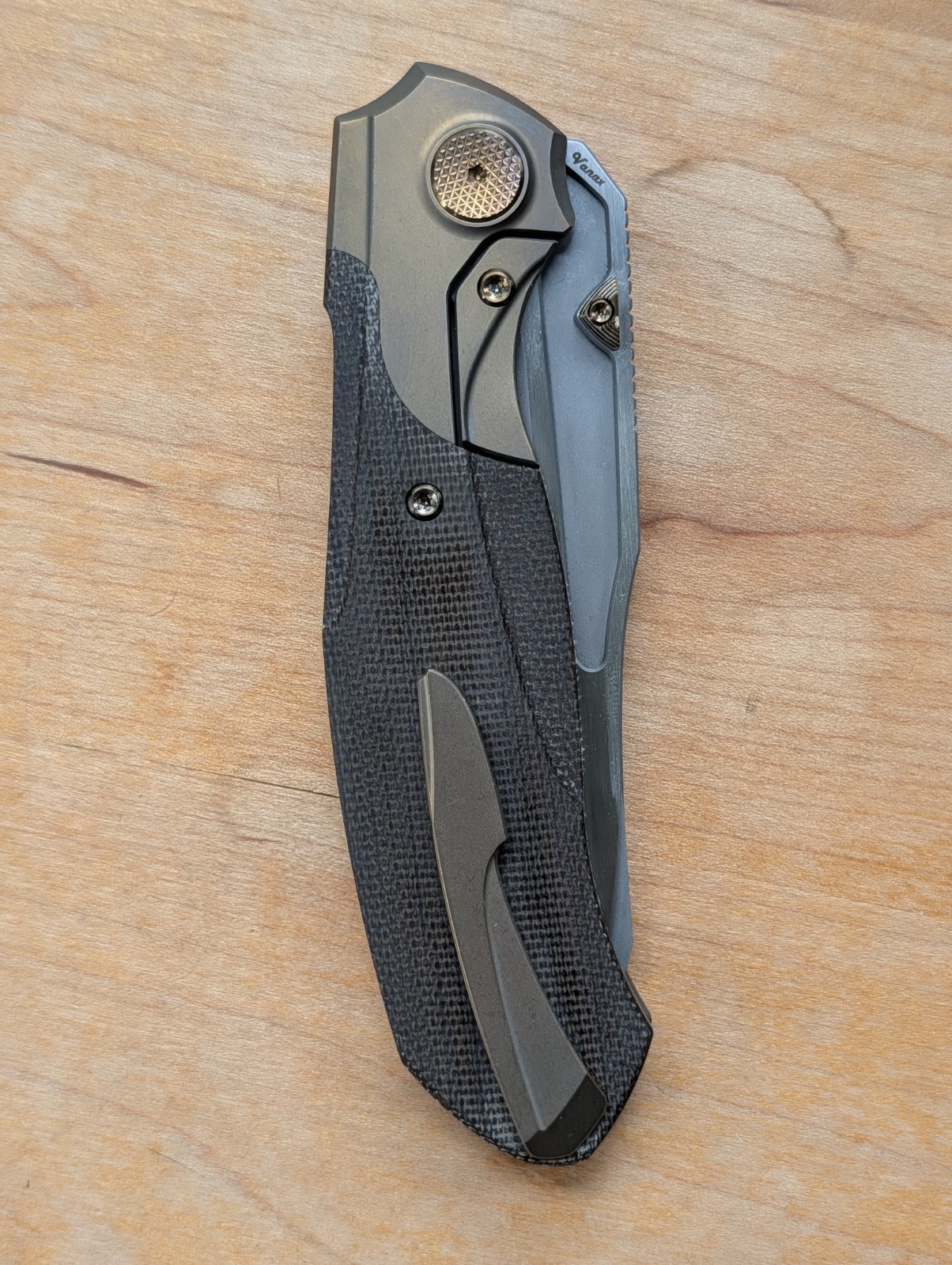 Null Knives VANDAL – Two Tone Vanax Blade – Bronze Titanium/Green Micarta
