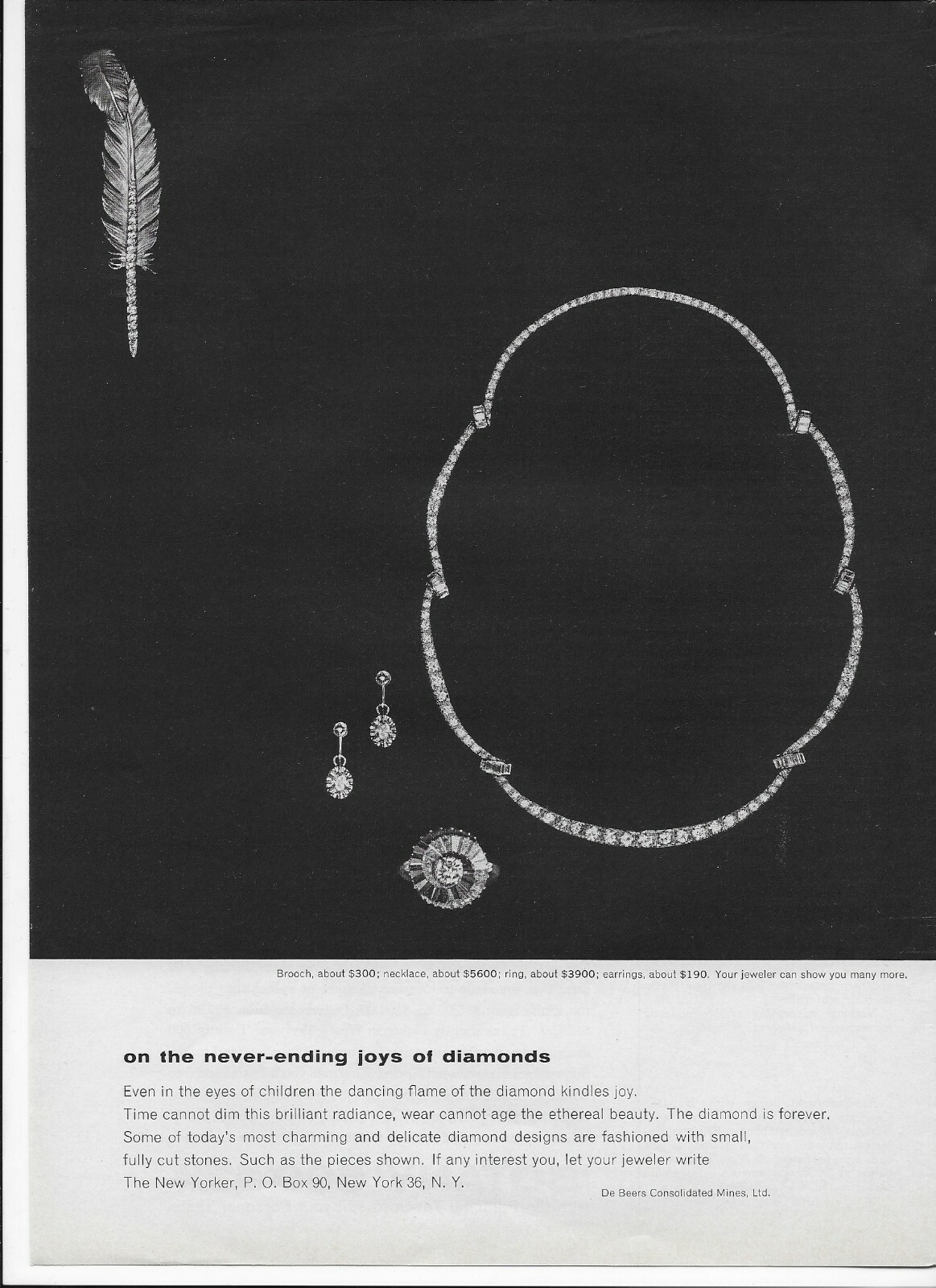 1964 De Beers Diamonds Brooch Ring Feather Spiral Jewelry Original Print Ad