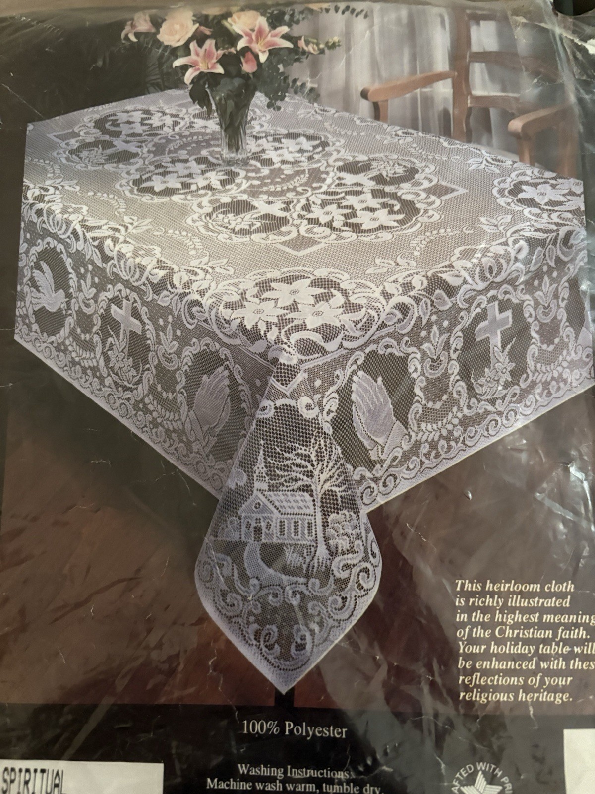 Lace Tablecloth Christian Faith Spiritual Vintage Sealed Oblong 60×84” Irregular