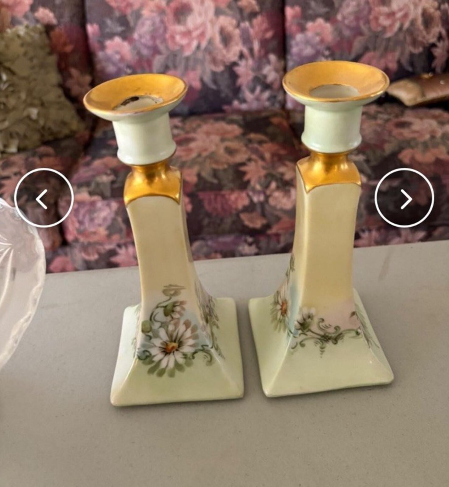 Antique PL Limoges France Candleholders Handpainted Daises
