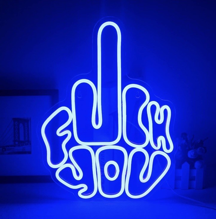 Blue LED Neon Sign Middle Finger Hand Gesture USB Powered
