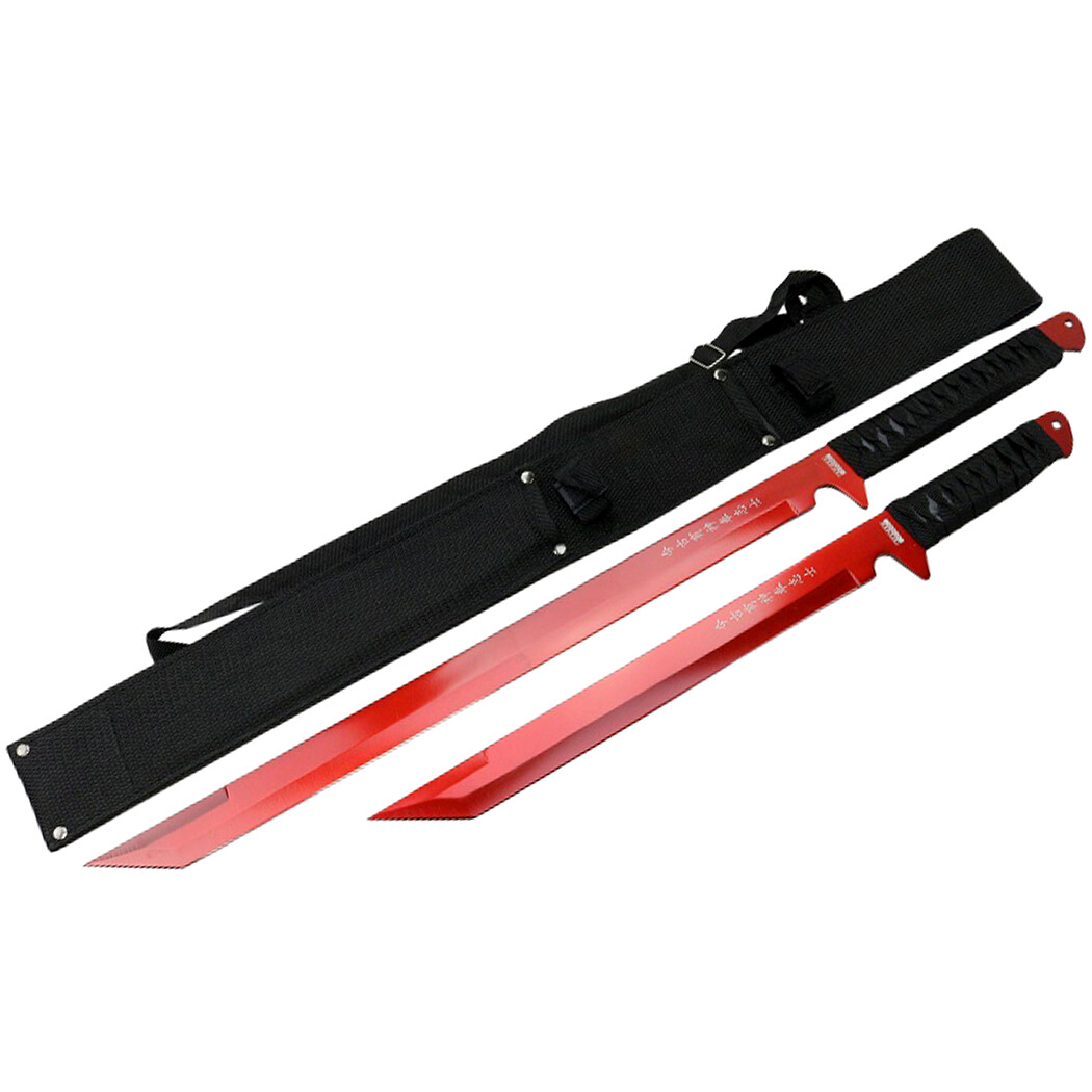 2PC SET 26” & 18″ Ninja Samurai Katana Swords Machete Full Tang Blade Red