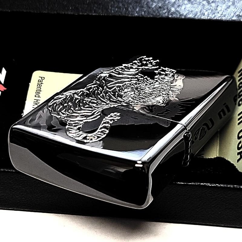 Zippo Tiger Etching Laser Engraving Black Nickel & Silver Regular Lighter Japan