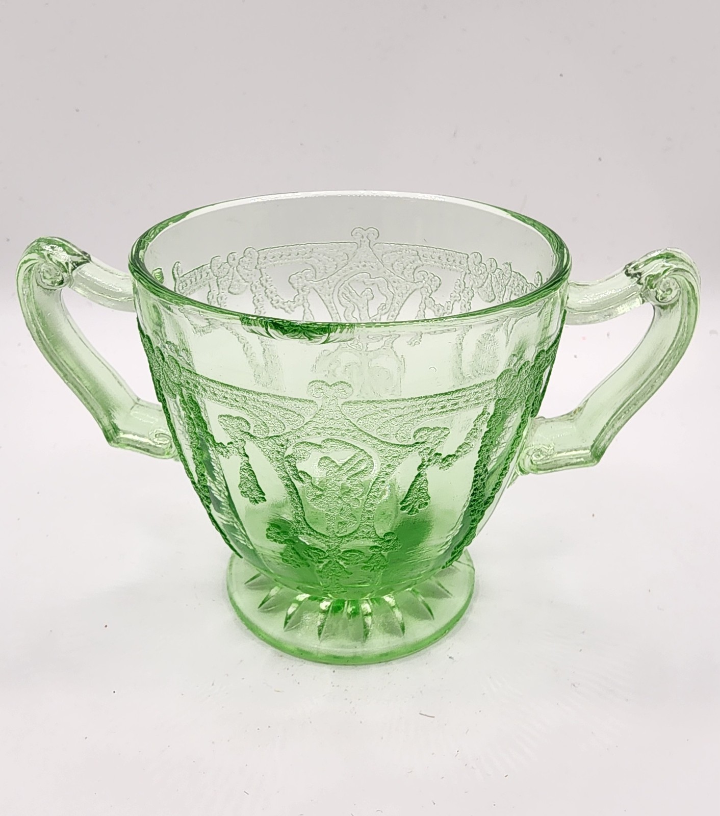 Anchor Hocking Green Uranium Glass Cameo Ballerina Sugar Bowl No Lid Glows
