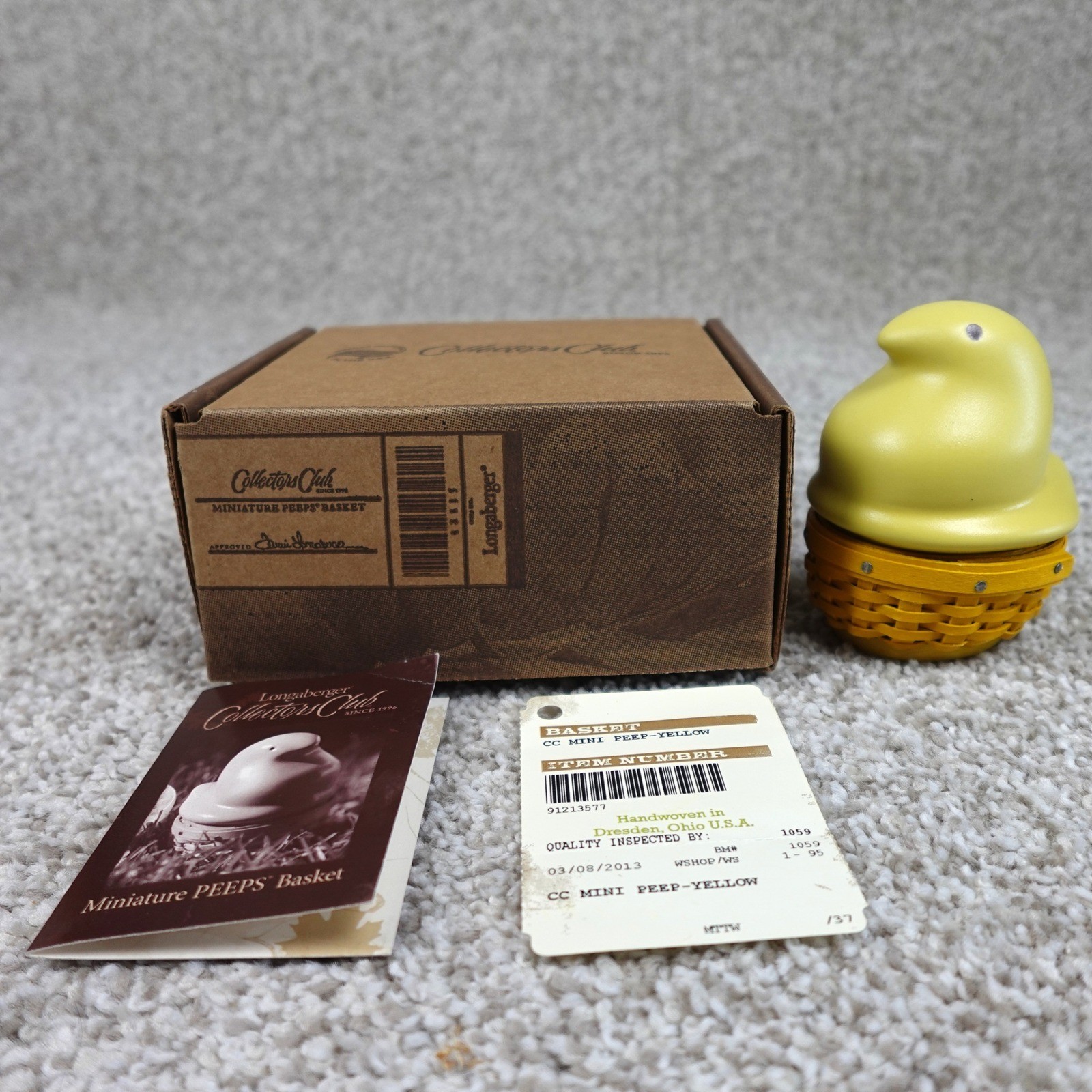 Longaberger 2013 Collectors Club Miniature Peeps Basket Yellow Ceramic Lid Box