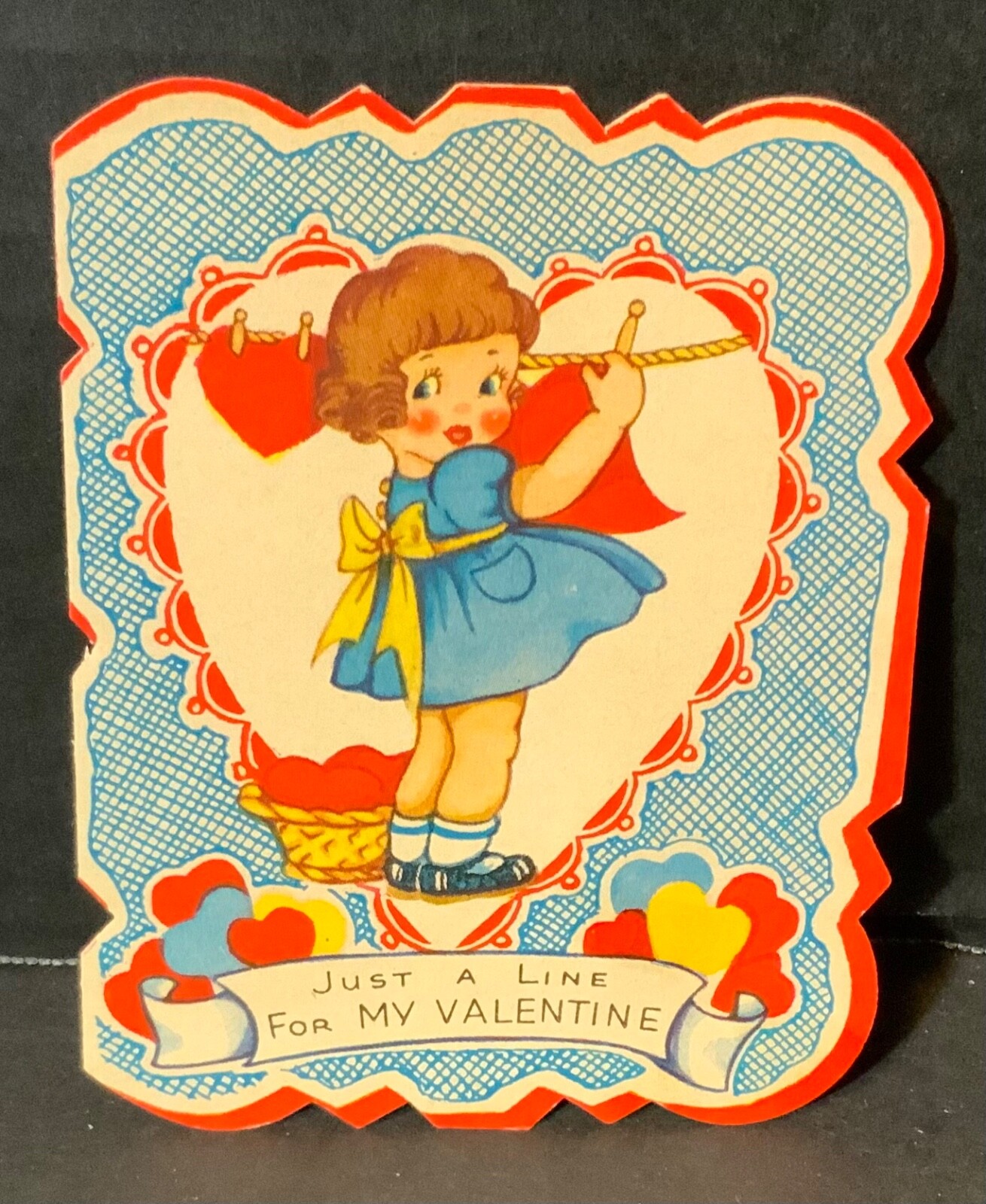 VTG A-Meri-Card Valentine Card Pretty Girl Hanging Clothes “Just A Line For My”