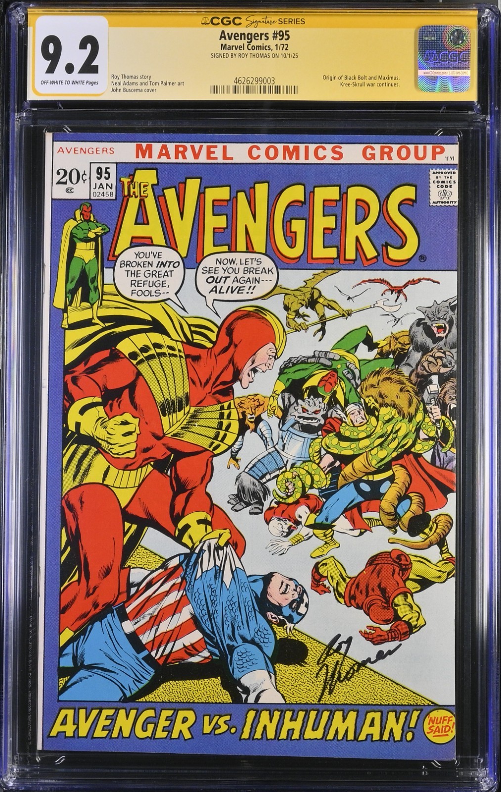 🔥 Avengers #95 CGC 9.2 signed Roy Thomas Origin Blackbolt & Beast 🔥