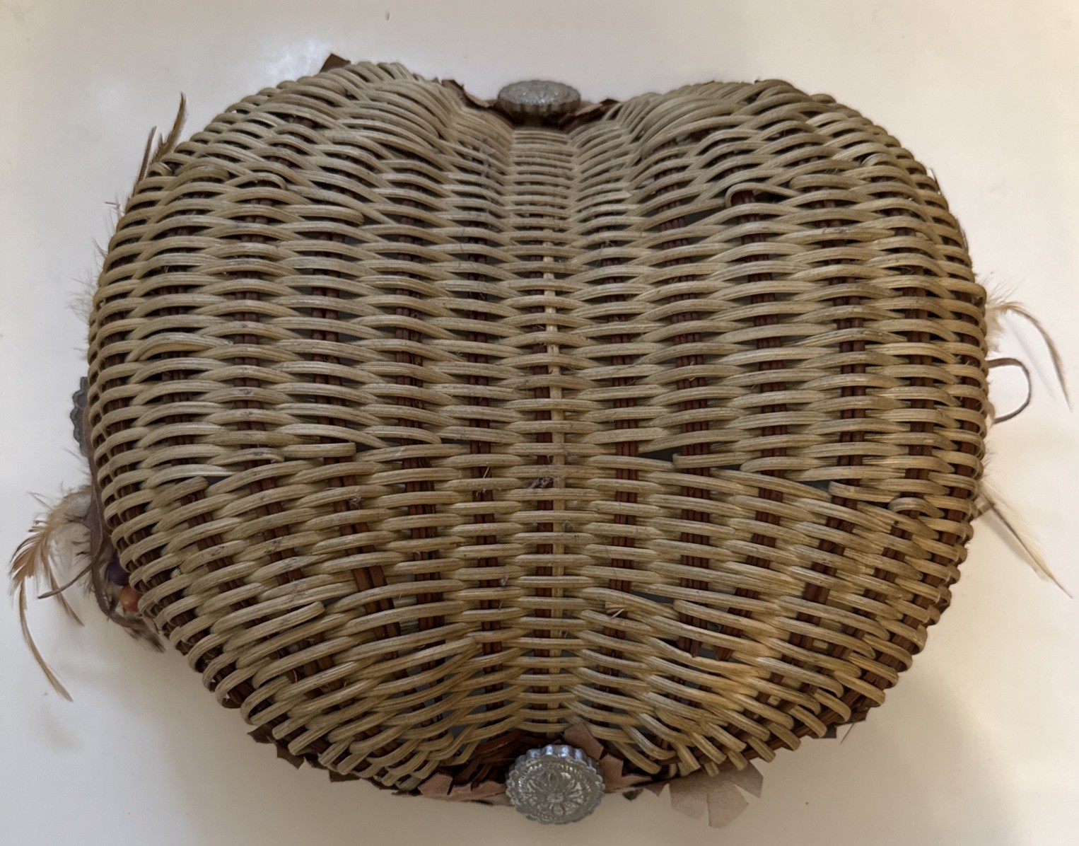 Handwoven Buttocks Basket Wicker Leather Feather Concho Rustic Southwest Decor