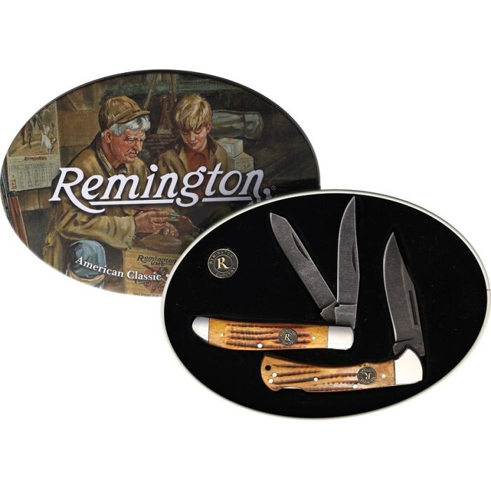 Remington Classic Lockback Hunter 2 Blade Trapper Pocket Knife Set Bone R15683