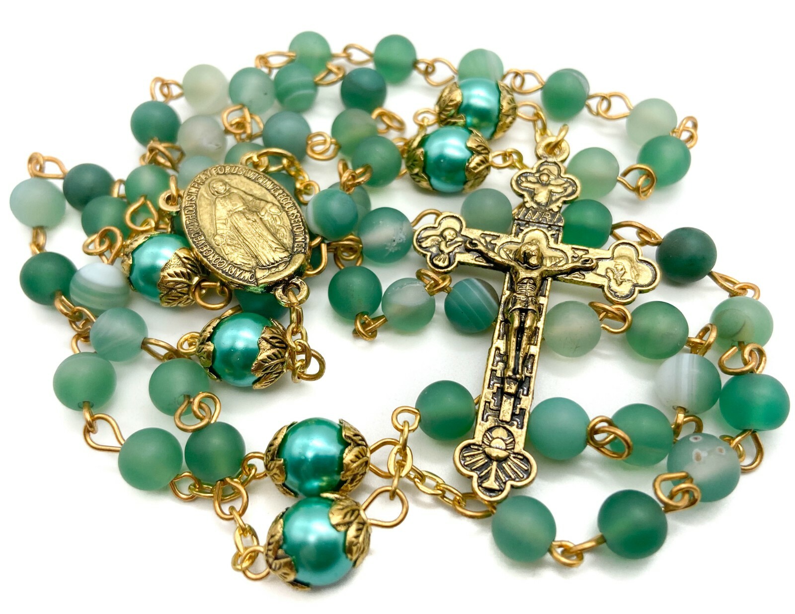 Green Rosary Matte Beads Beaded Pearl Necklace Miraculous Medal & Cross Crucifix