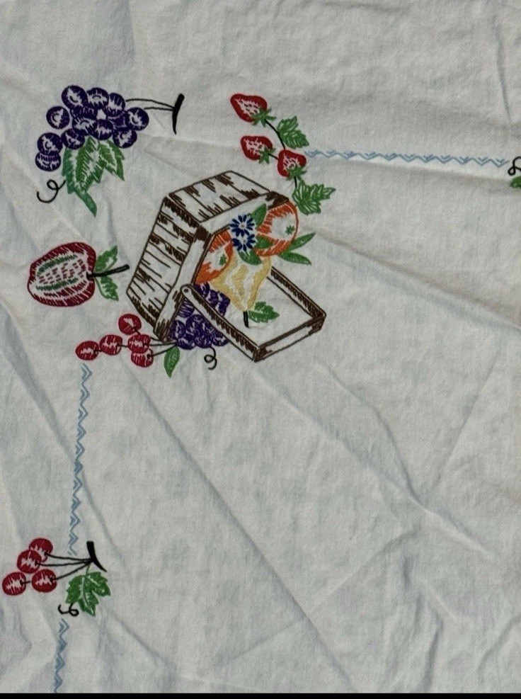 Vintage embroidered fruit baskets Table Center Cloth Decor Linen 31 X33