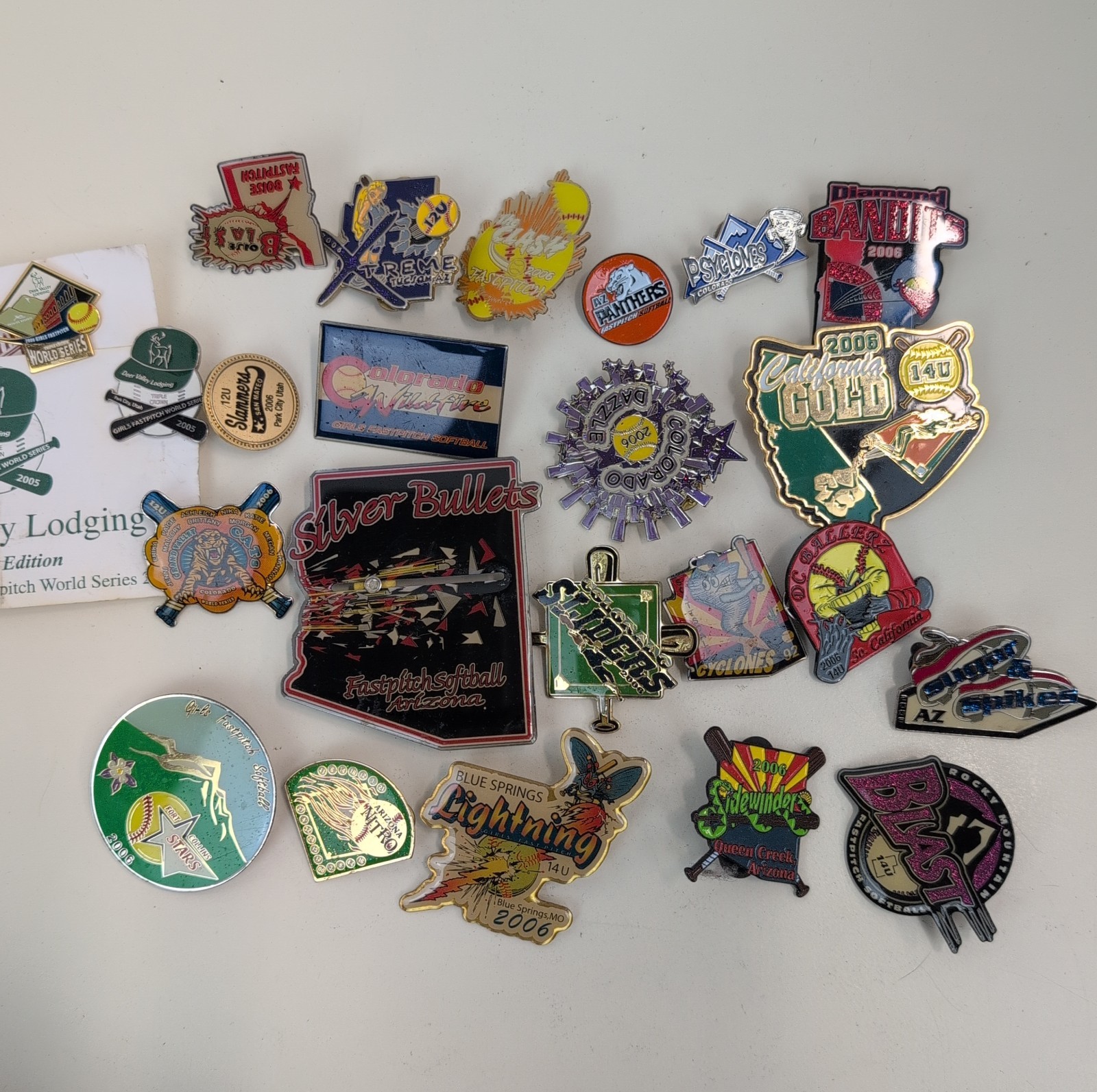 Lot of 23 Girls Fastpitch Softball Tournament Lapel Hat Pins 2005 2006