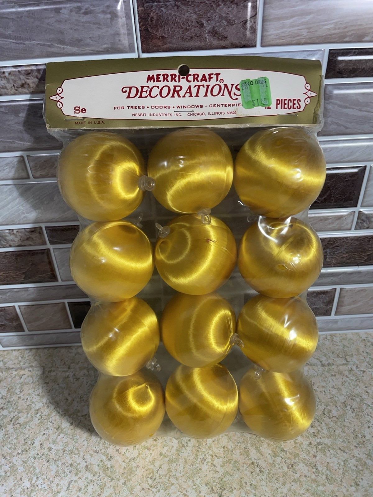 12 Vintage Satin Christmas Ornaments Gold 2″ Merri-Craft USA New