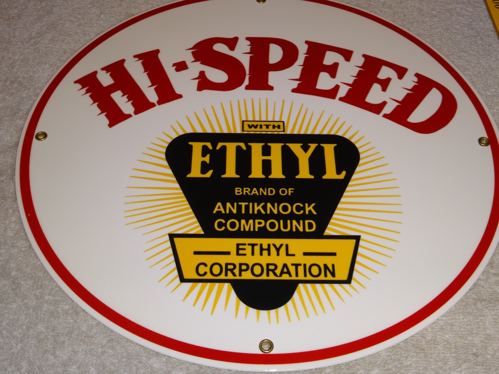 VINTAGE HI-SPEED ETHYL GAS 11 3/4″ PORCELAIN METAL HIGH SPEED GASOLINE OIL SIGN!