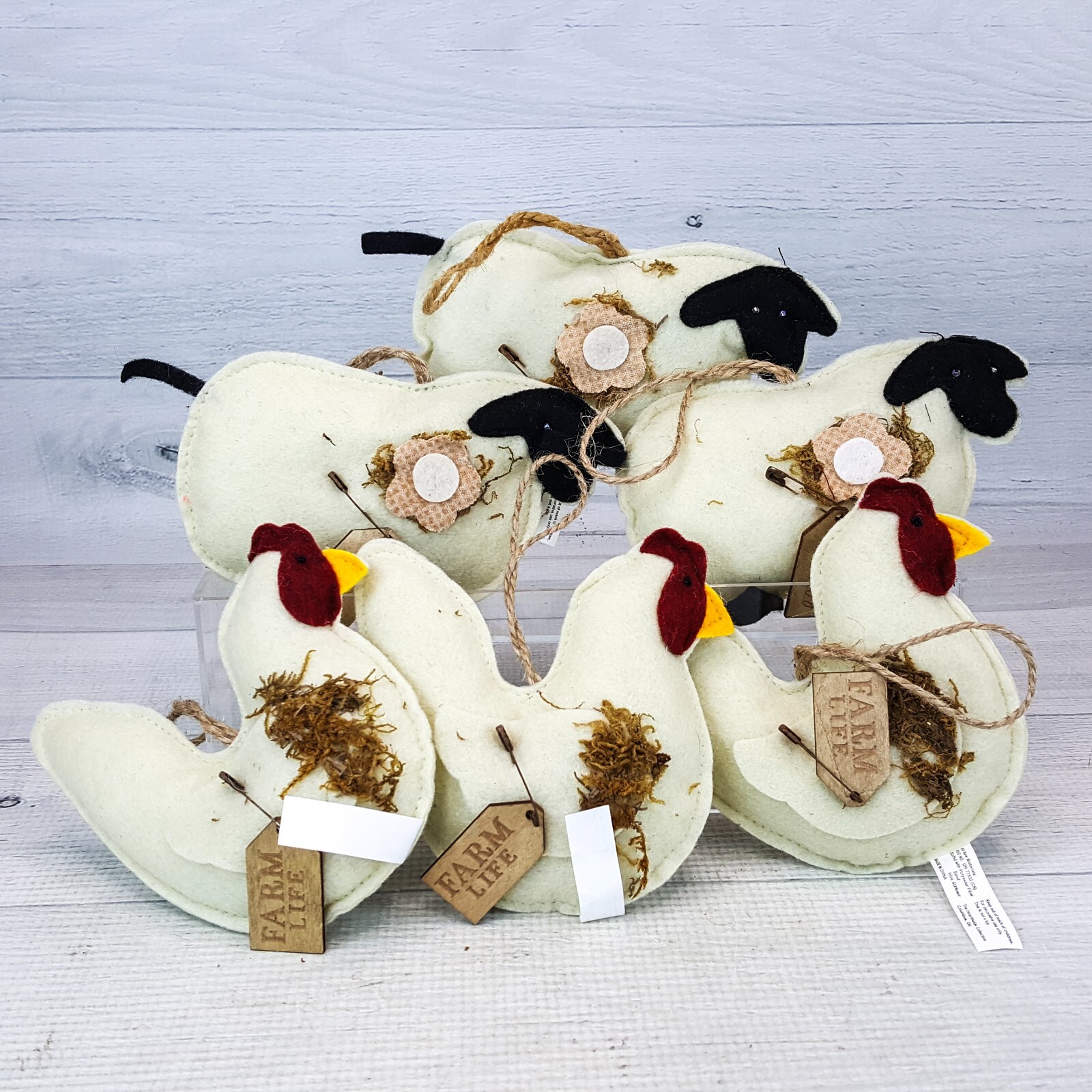 Farm Life Chicken & Blessings Sheep Felt Stuffed Ornament w Wood Tag Set 6 NEW