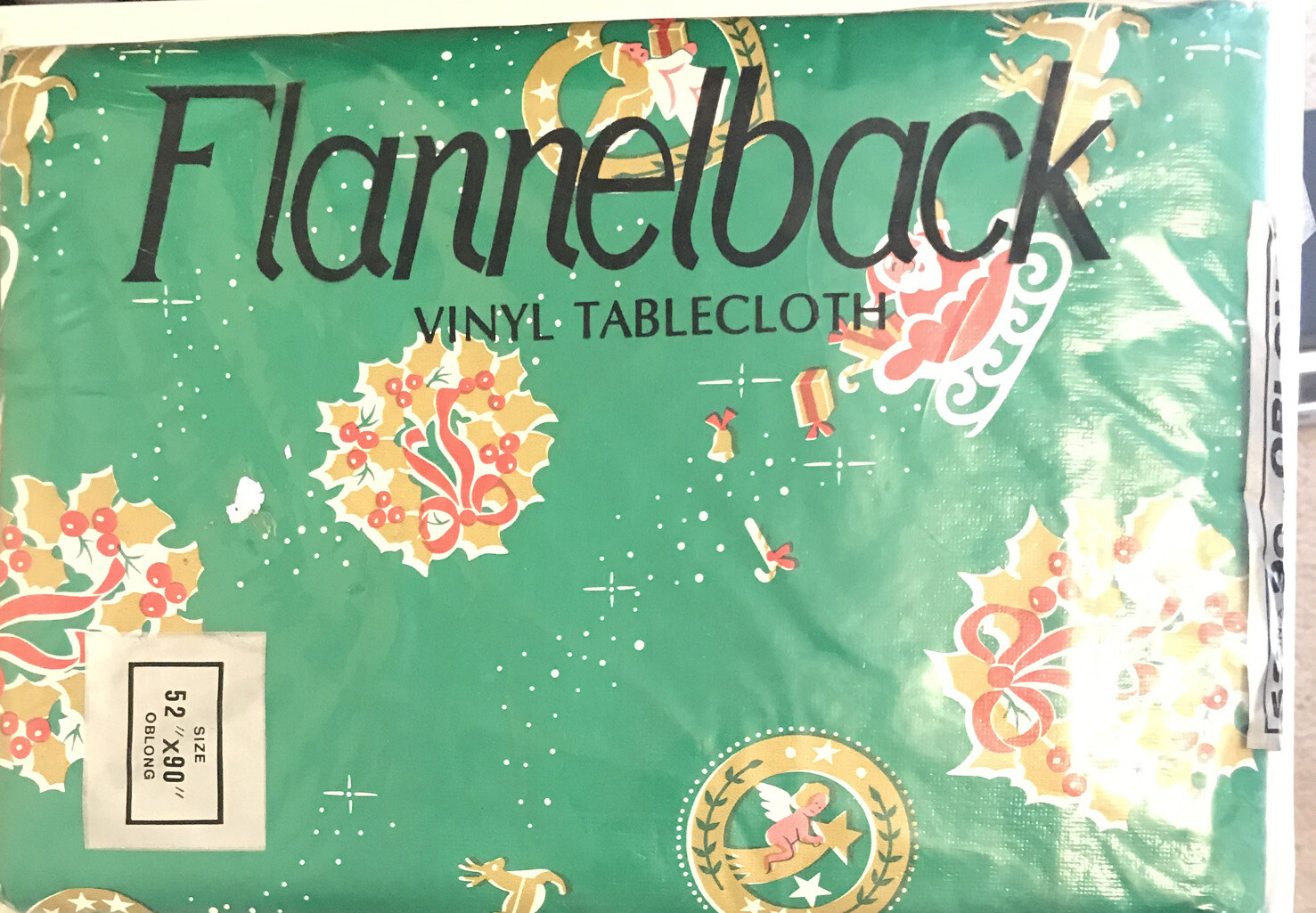 Flannelback Vinyl Tablecloth CHRISTMAS 52″ X 90″ OBLONG Easy Care Polyester