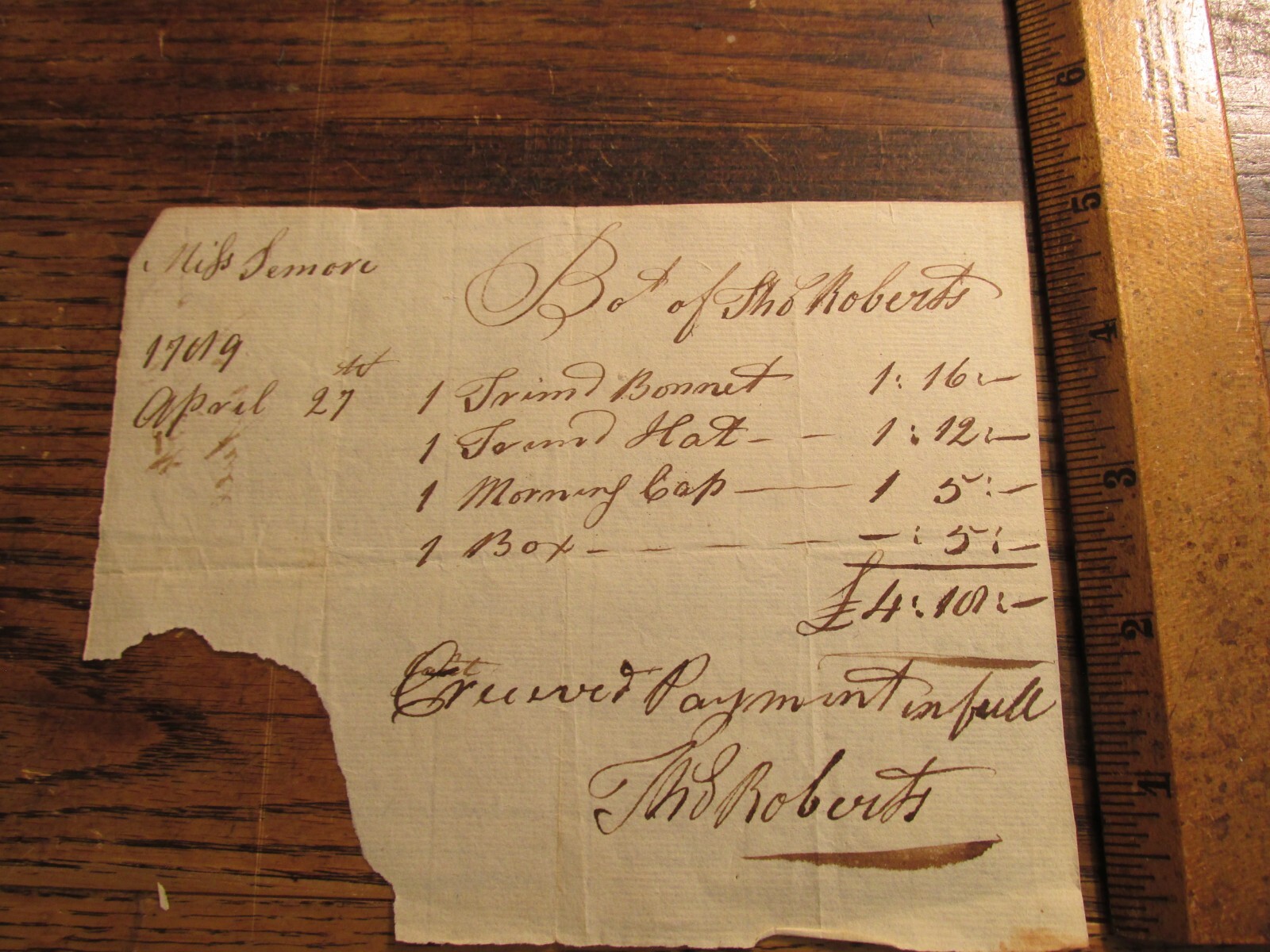 Antique Ephemera 1700s Receipt Document Thomas Roberts Sale of Bonnet Hat Cap