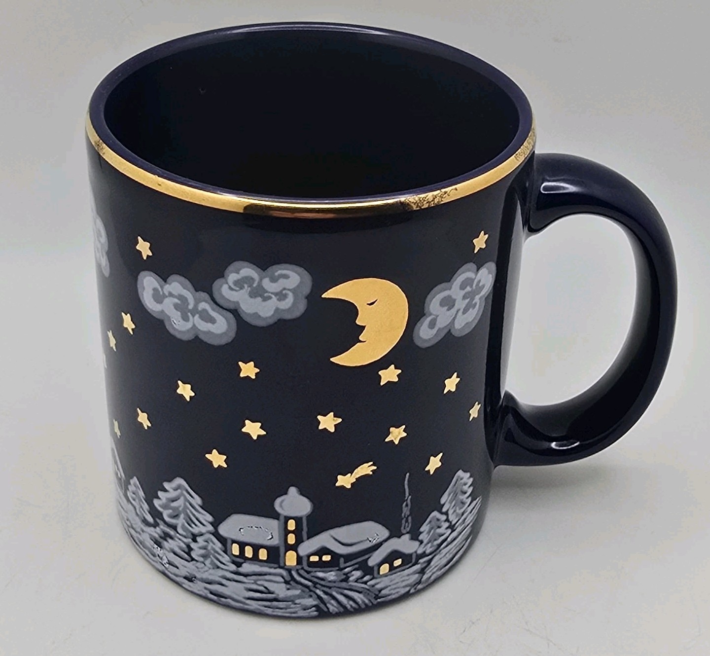 Waechtersbach Coffee Mug Cup Winter Dreams W Germany Blue Gold Snow Village Moon