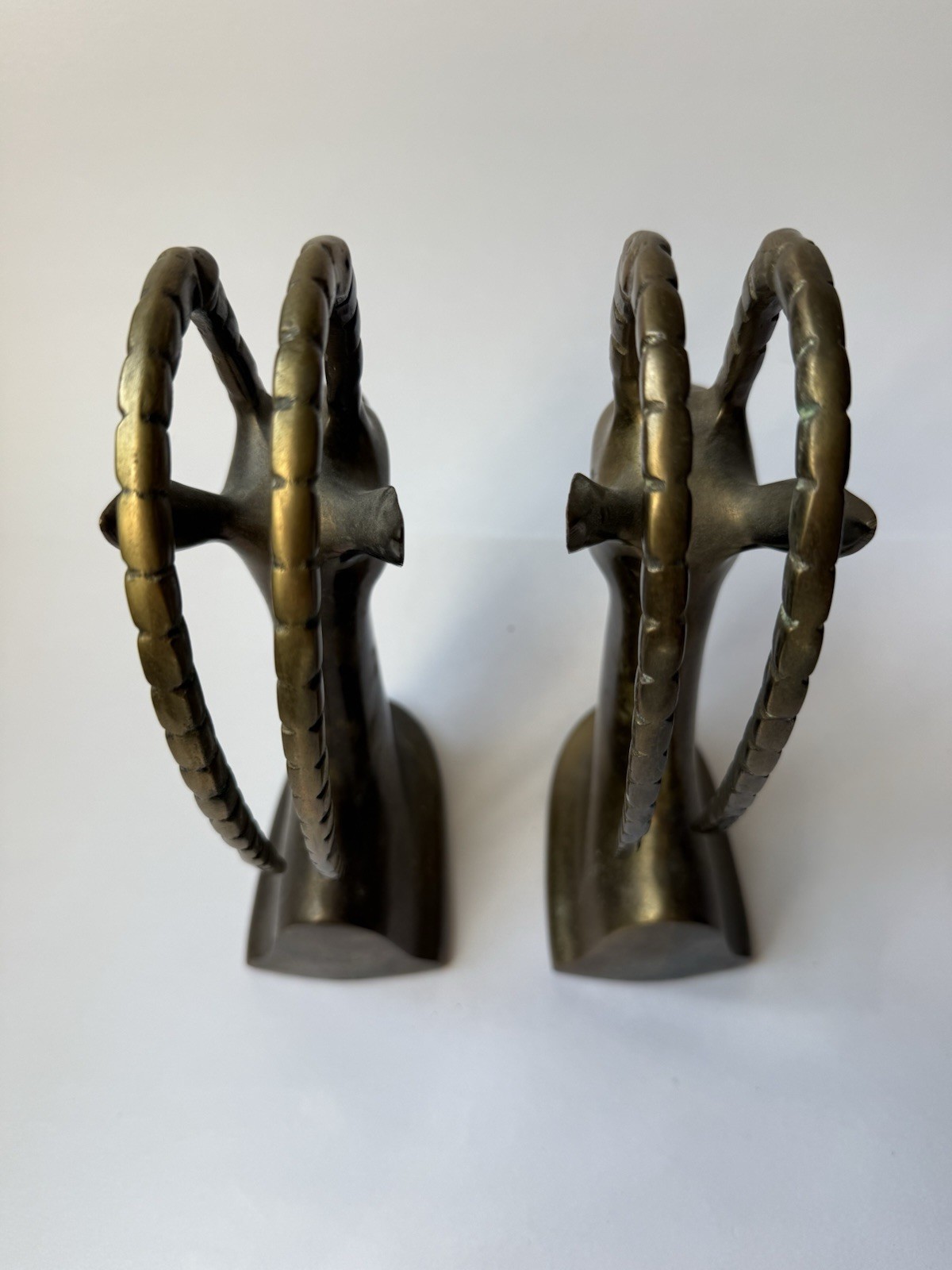 VTG • MCM Brass Gazelle Ibex Bookends Hollywood Regency Made in Korea 7” Patina