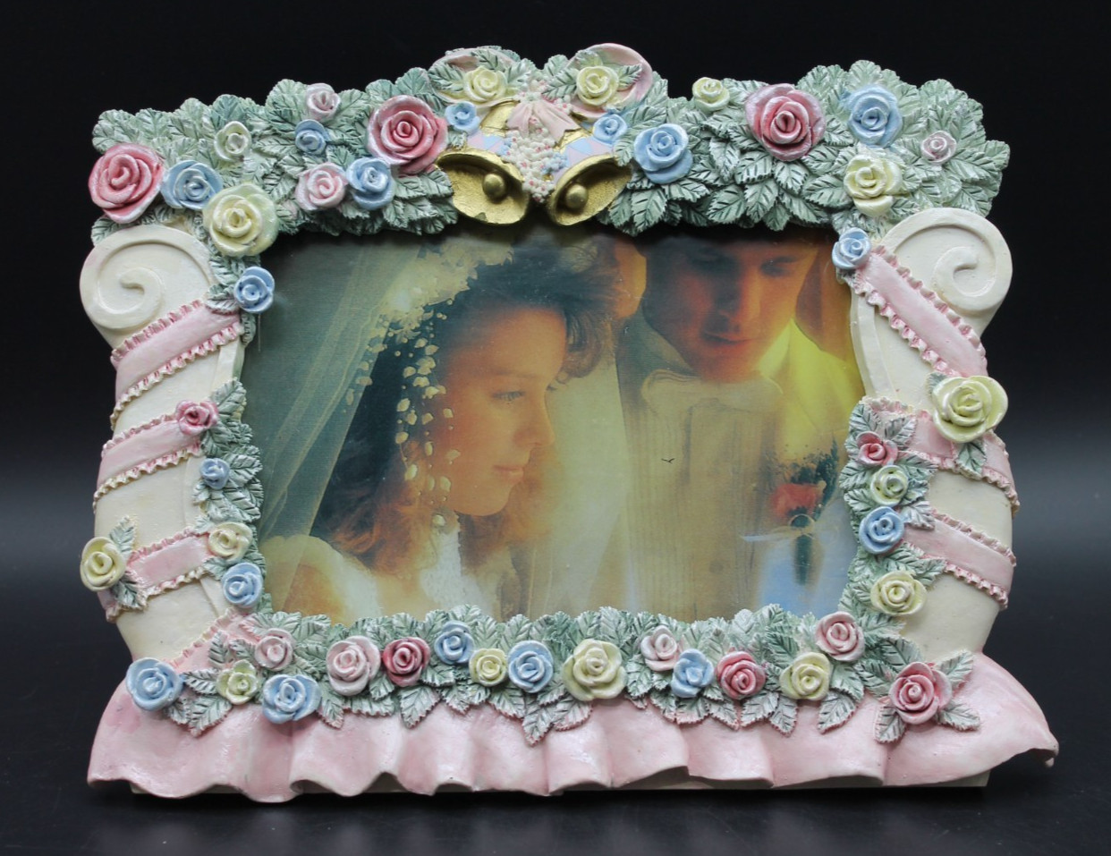 Vintage 80s Wedding Picture Frame Floral Roses Bells Resin 4×6 Photo Holder