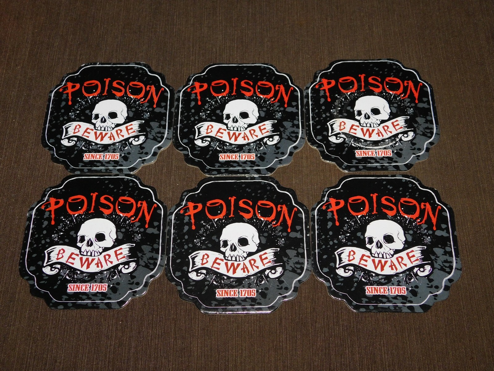 VINTAGE BARWARE BAR 6 CARDBOARD POISON BEWARE SKULL SINCE 1705 DRINK COASTERS