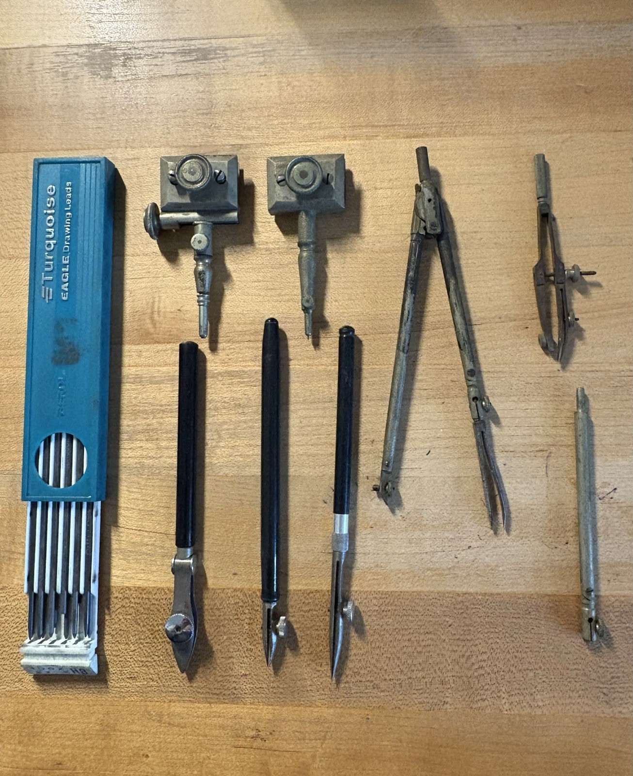 Berol Vintage Metal Drafting Tools Set with Turquoise Leads, Compasses, Dividers