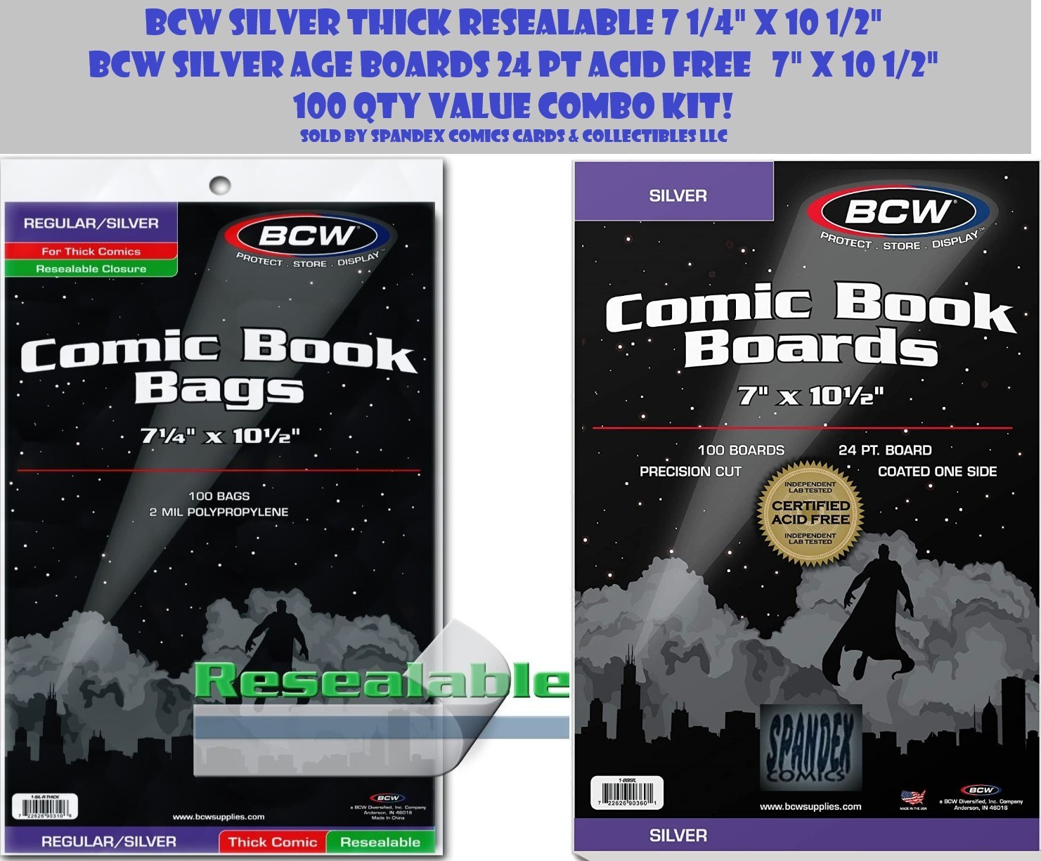 100 – BCW Silver Thick Resealable 2MIL Poly Comic Book Bags & Backing Boards
