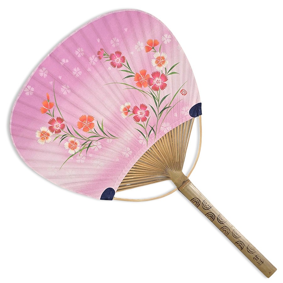 Japanese Uchiwa Flat Fan Hand Held Bamboo Handle Nadeshiko Flower Pattern Design