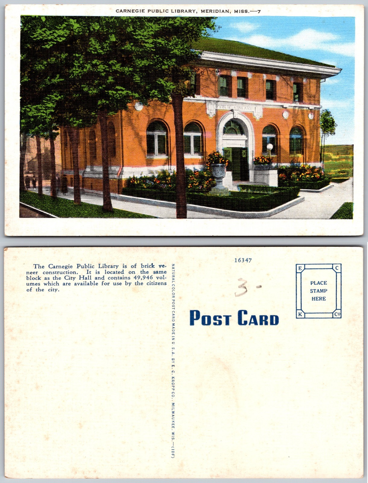 Carnegie Public Library Meridian MS Postcard