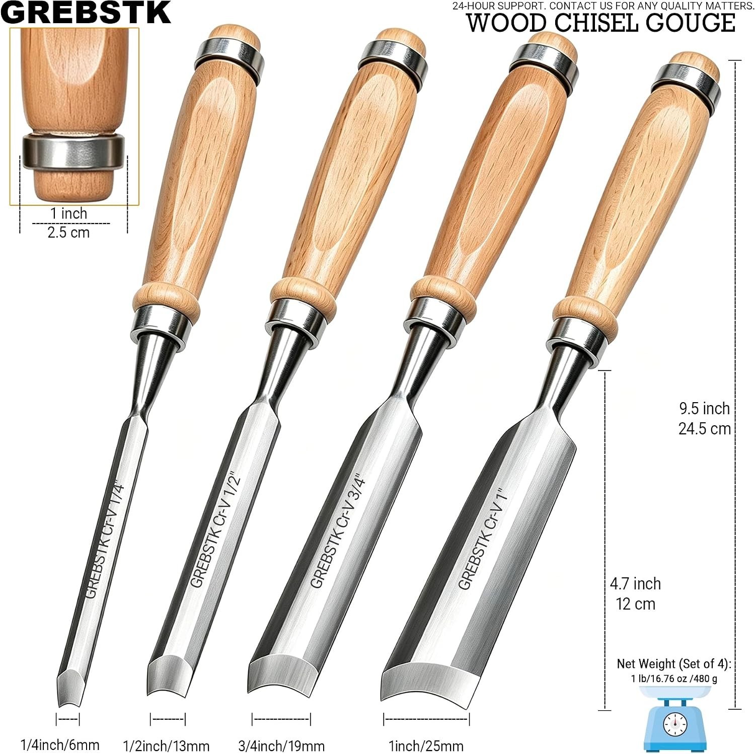 4Pcs Semicircle Chisel Set Carpenter Gouge Chrome Vanadium Steel Semi-Circular C