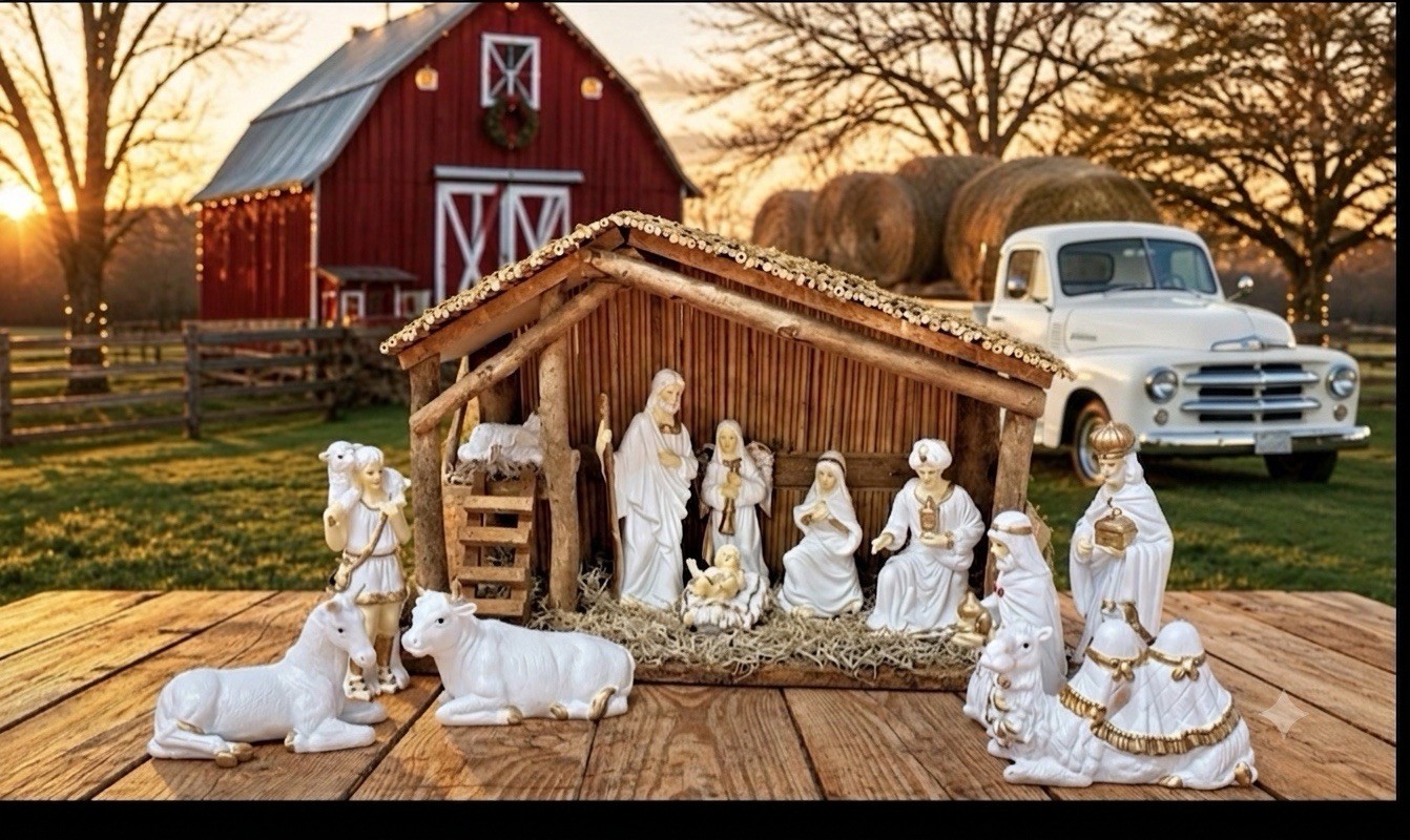 VTG (12) Piece White W/ Gold Trim Fine Porcelain Nativity Set W/ Large Stable