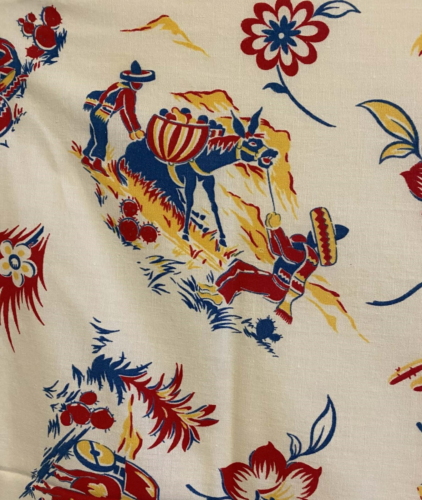 Vintage Mexican Tablecloth Cactus Men in Serapes Burros 44″ x 47″ Cinco de Mayo