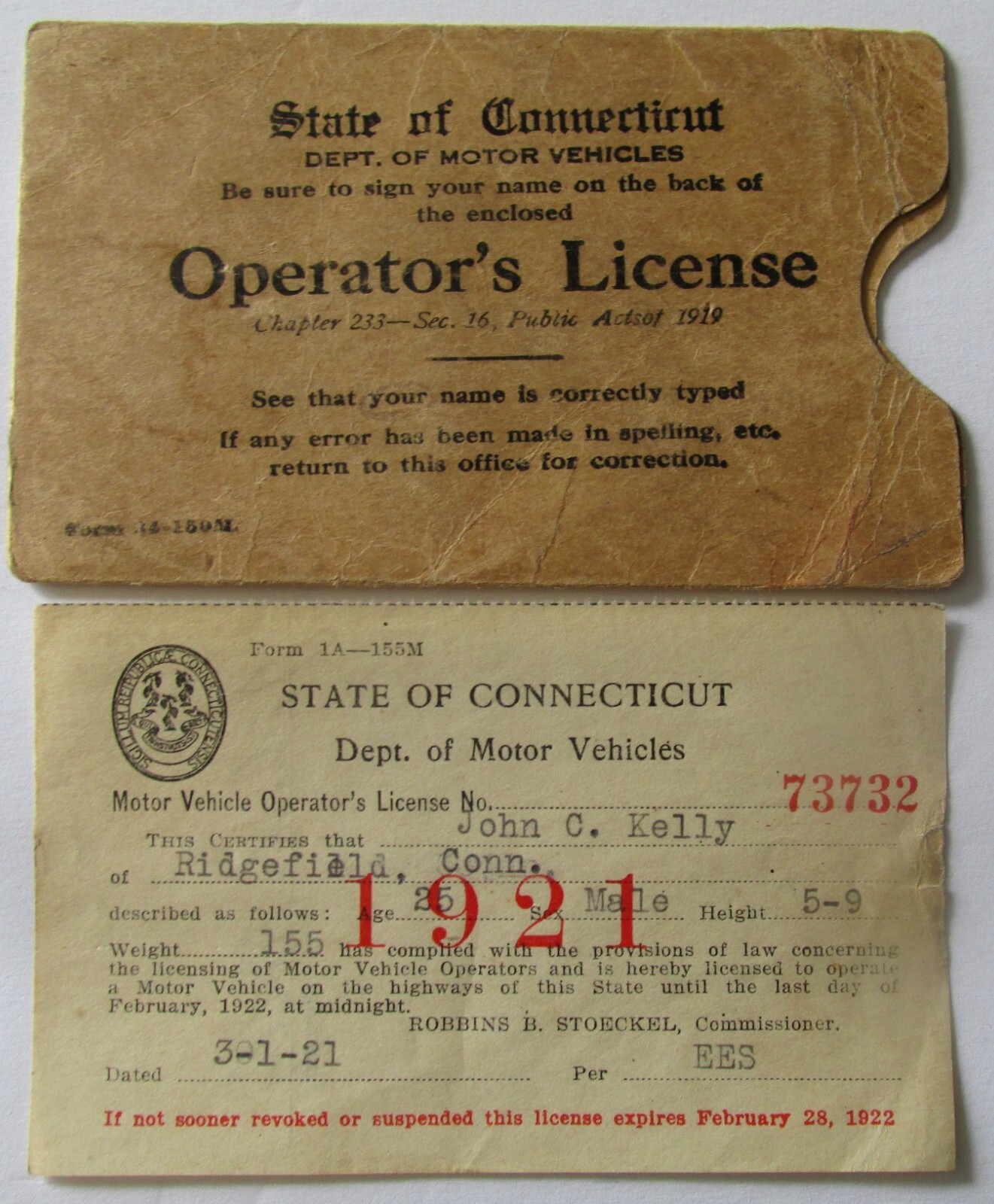 1921 Connecticut Automobile Motor Vehicle Operator’s / Driver’s License w Sleeve