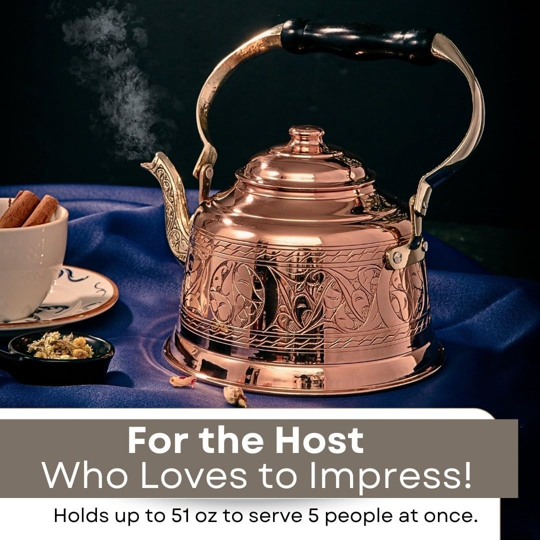 Handmade 1.6-Quart Engraved Solid Copper Teapot Kettle – Heavy Gauge